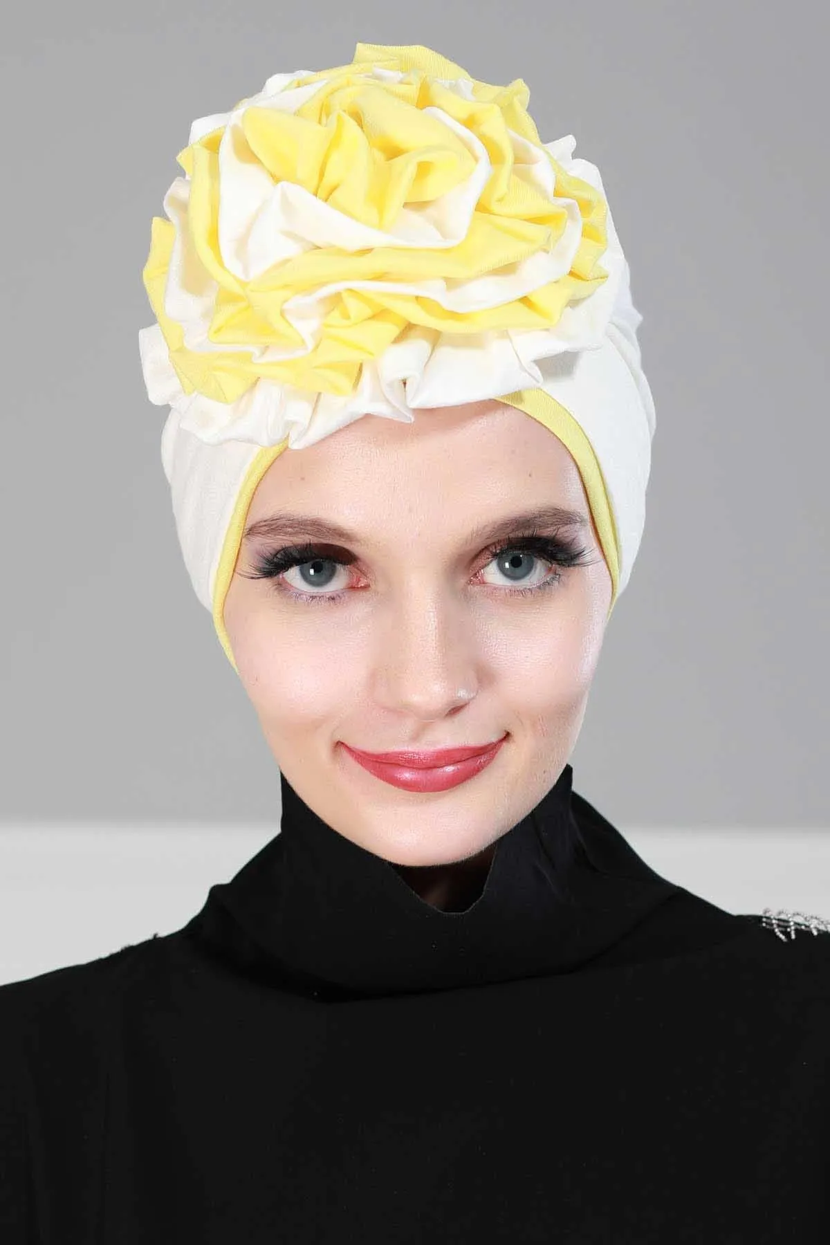 Floral Pre-Tied Instant Turban Fashionable Head Covering with Twin Colors, Soft Combed Cotton Easy Wear Hijab Headwrap with Rose Detail,B-28