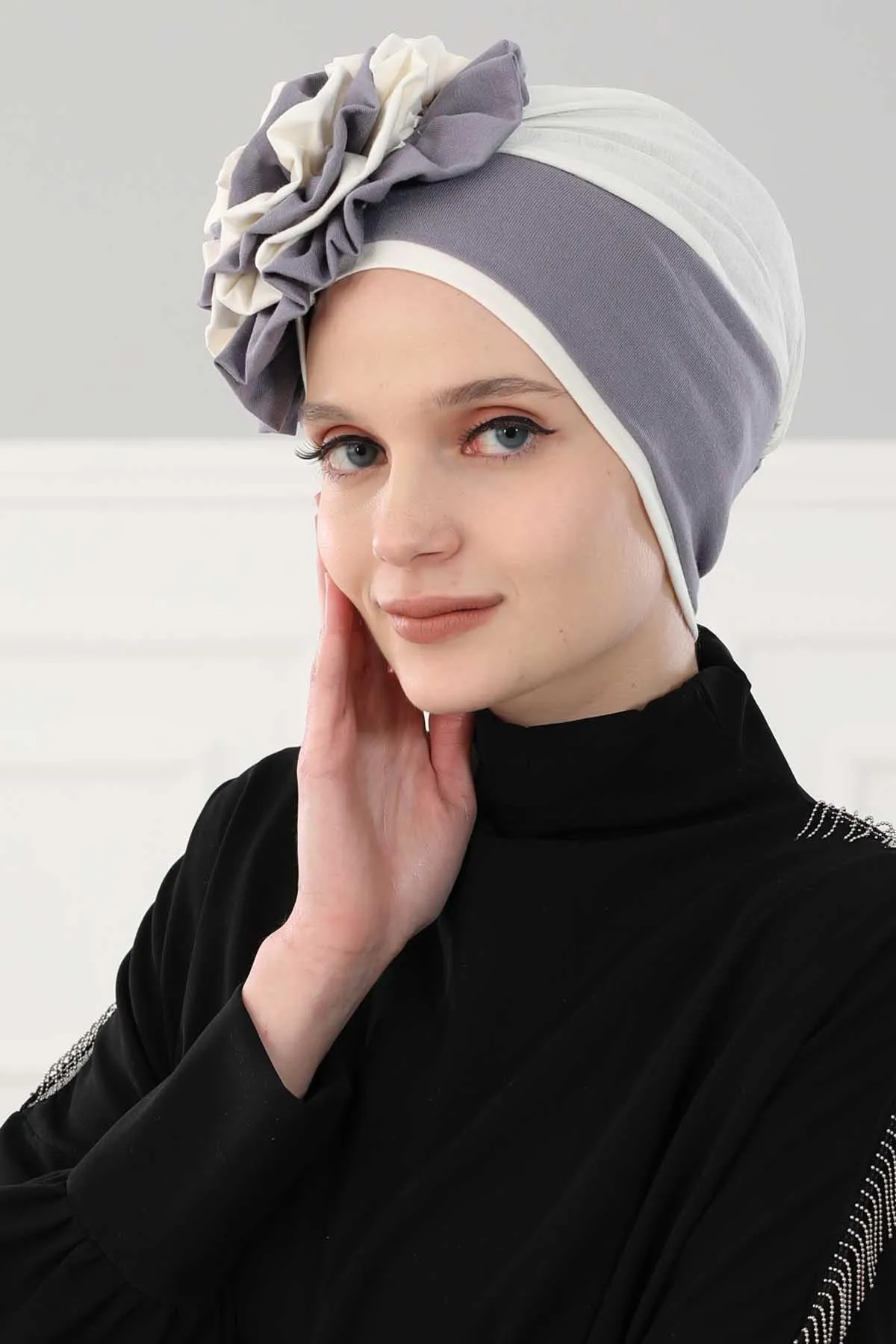 Floral Pre-Tied Instant Turban Fashionable Head Covering with Twin Colors, Soft Combed Cotton Easy Wear Hijab Headwrap with Rose Detail,B-28