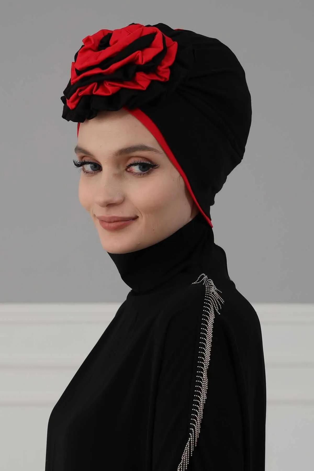 Floral Pre-Tied Instant Turban Fashionable Head Covering with Twin Colors, Soft Combed Cotton Easy Wear Hijab Headwrap with Rose Detail,B-28