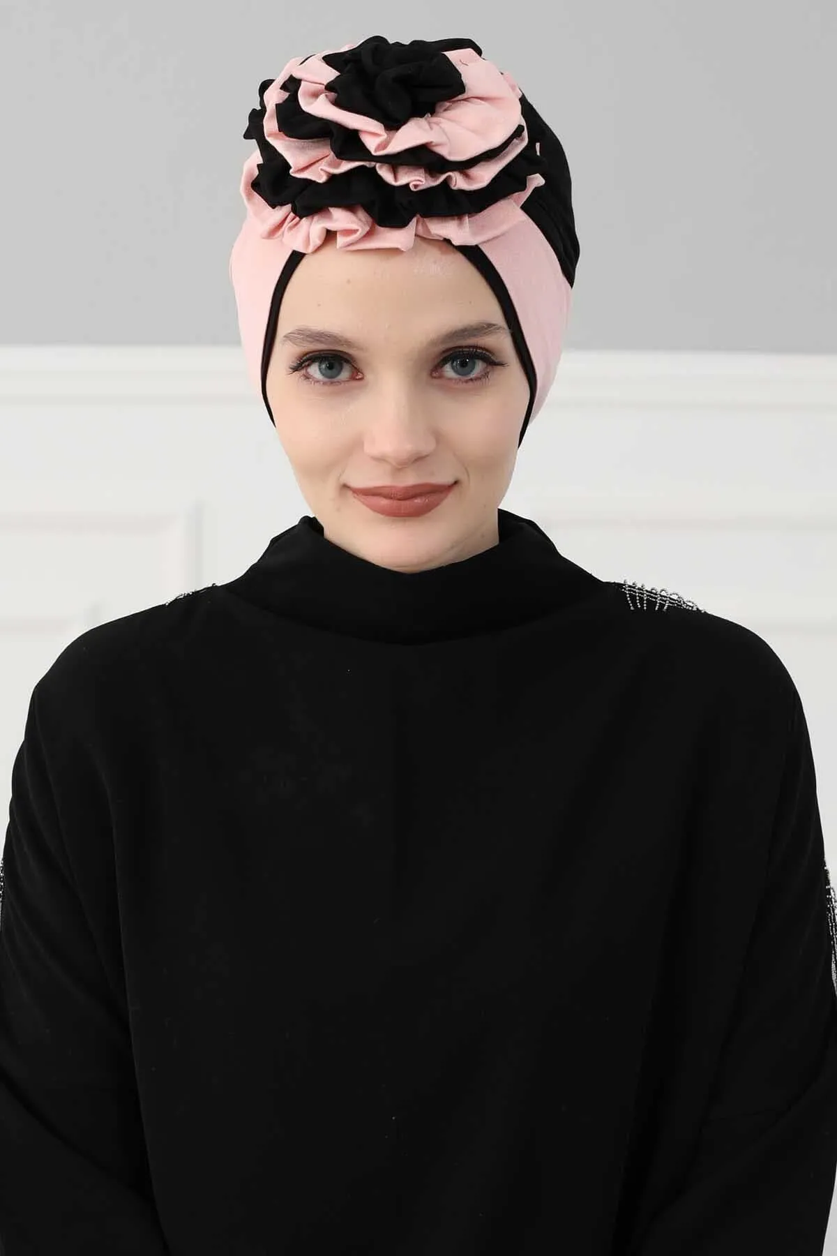 Floral Pre-Tied Instant Turban Fashionable Head Covering with Twin Colors, Soft Combed Cotton Easy Wear Hijab Headwrap with Rose Detail,B-28