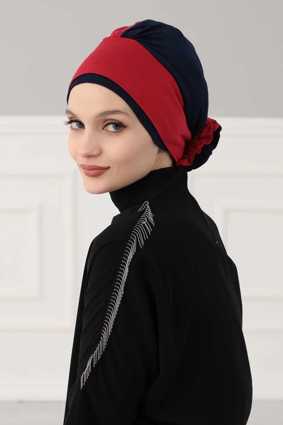 Floral Pre-Tied Instant Turban Fashionable Head Covering with Twin Colors, Soft Combed Cotton Easy Wear Hijab Headwrap with Rose Detail,B-28