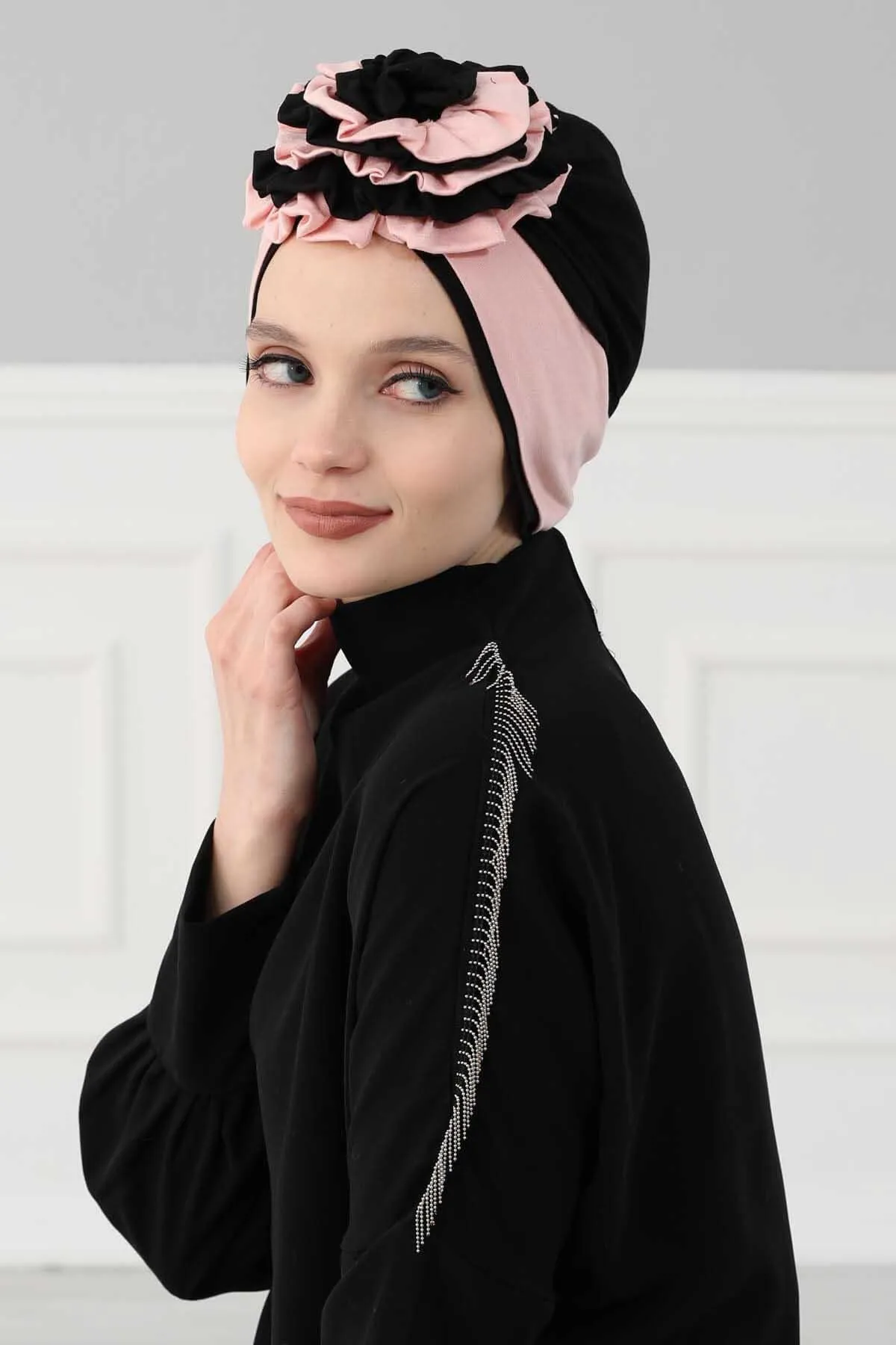 Floral Pre-Tied Instant Turban Fashionable Head Covering with Twin Colors, Soft Combed Cotton Easy Wear Hijab Headwrap with Rose Detail,B-28