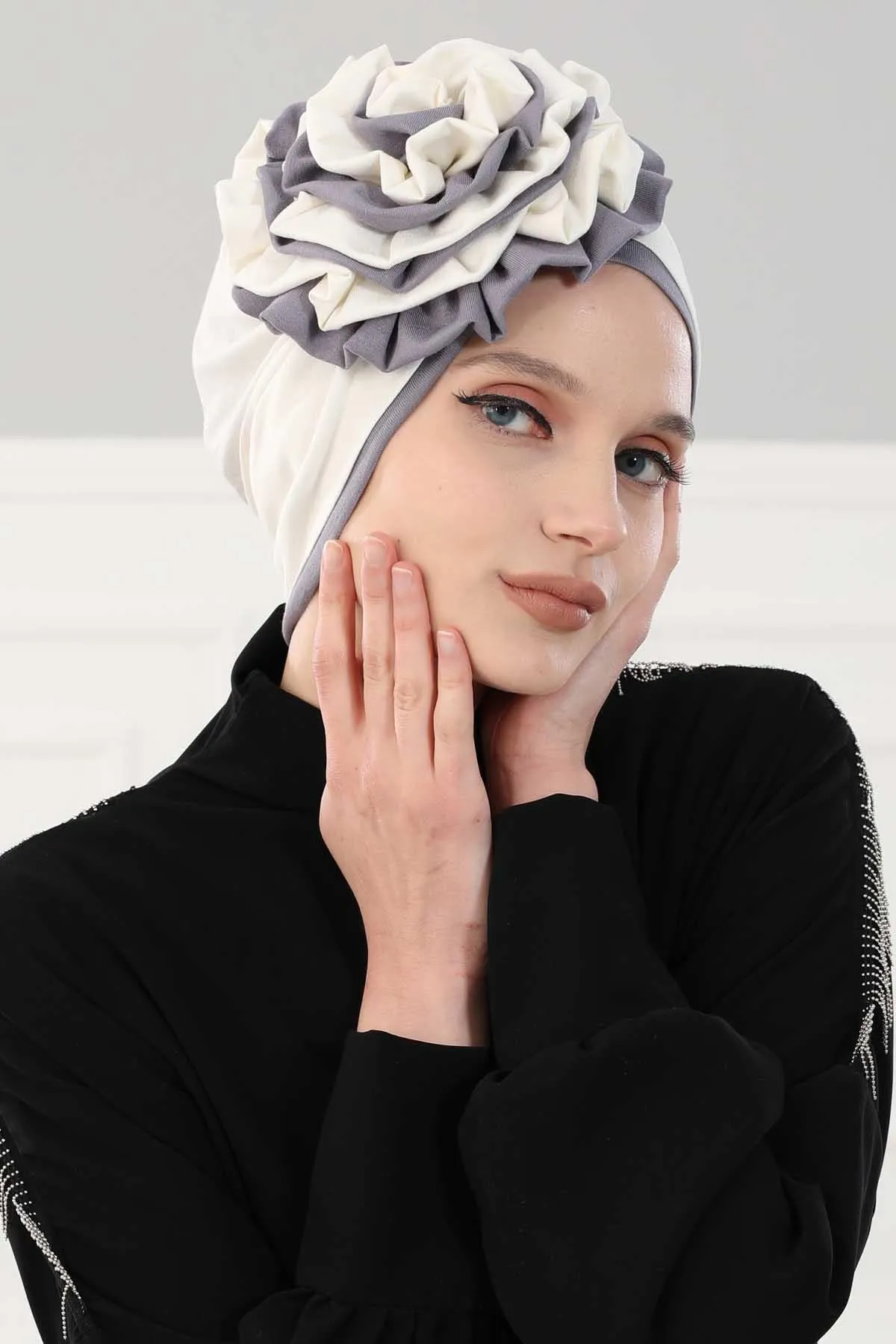 Floral Pre-Tied Instant Turban Fashionable Head Covering with Twin Colors, Soft Combed Cotton Easy Wear Hijab Headwrap with Rose Detail,B-28