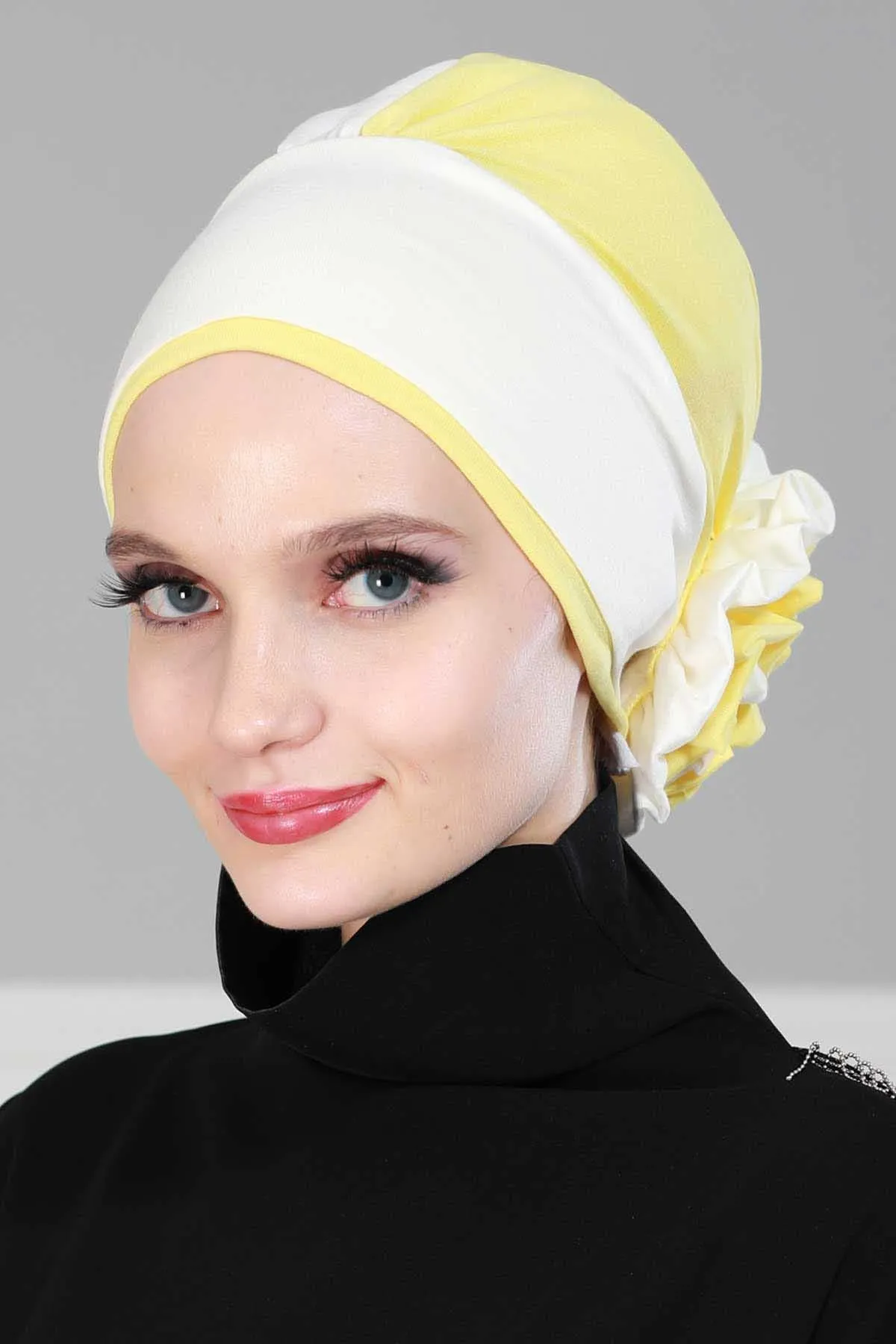 Floral Pre-Tied Instant Turban Fashionable Head Covering with Twin Colors, Soft Combed Cotton Easy Wear Hijab Headwrap with Rose Detail,B-28