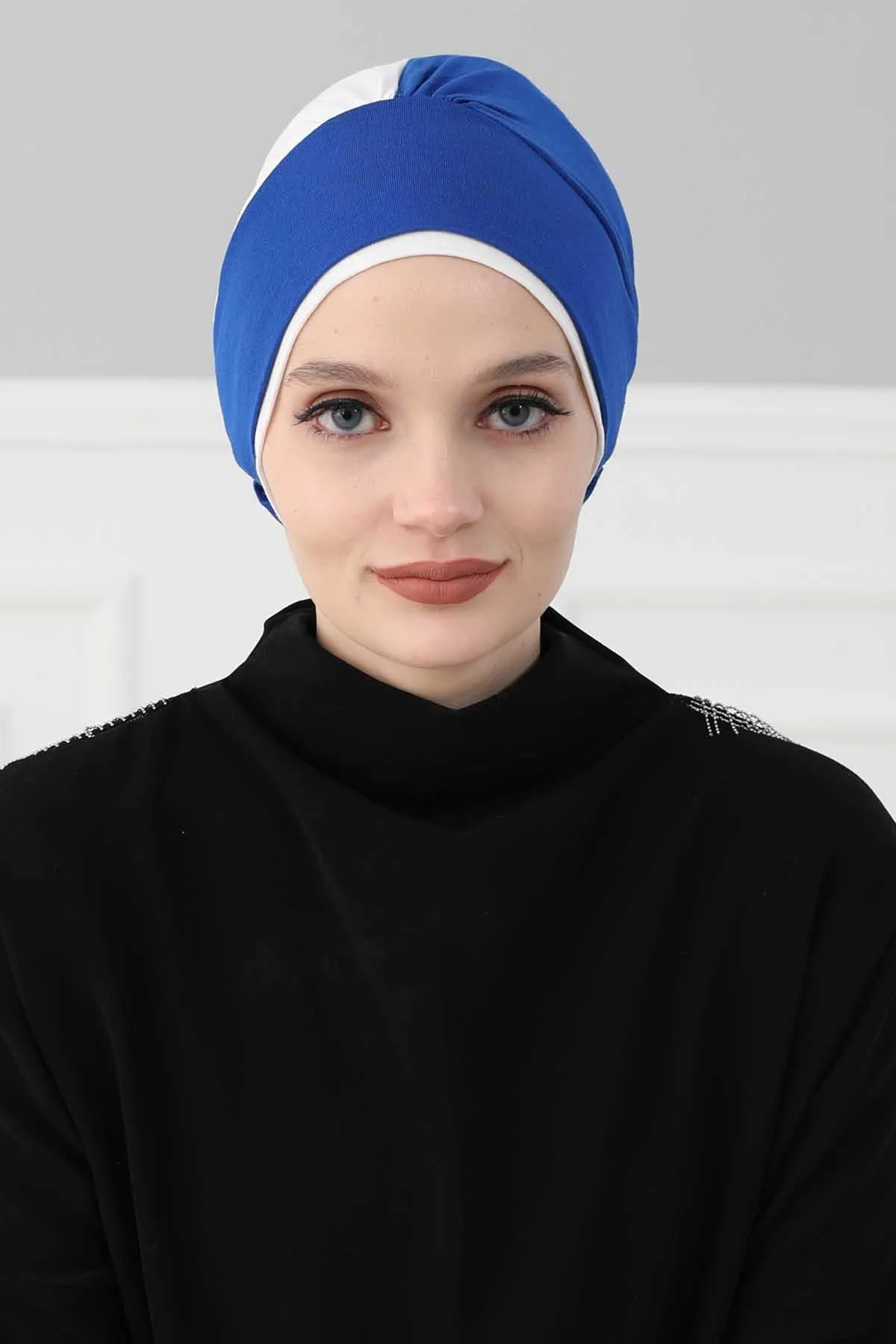 Floral Pre-Tied Instant Turban Fashionable Head Covering with Twin Colors, Soft Combed Cotton Easy Wear Hijab Headwrap with Rose Detail,B-28