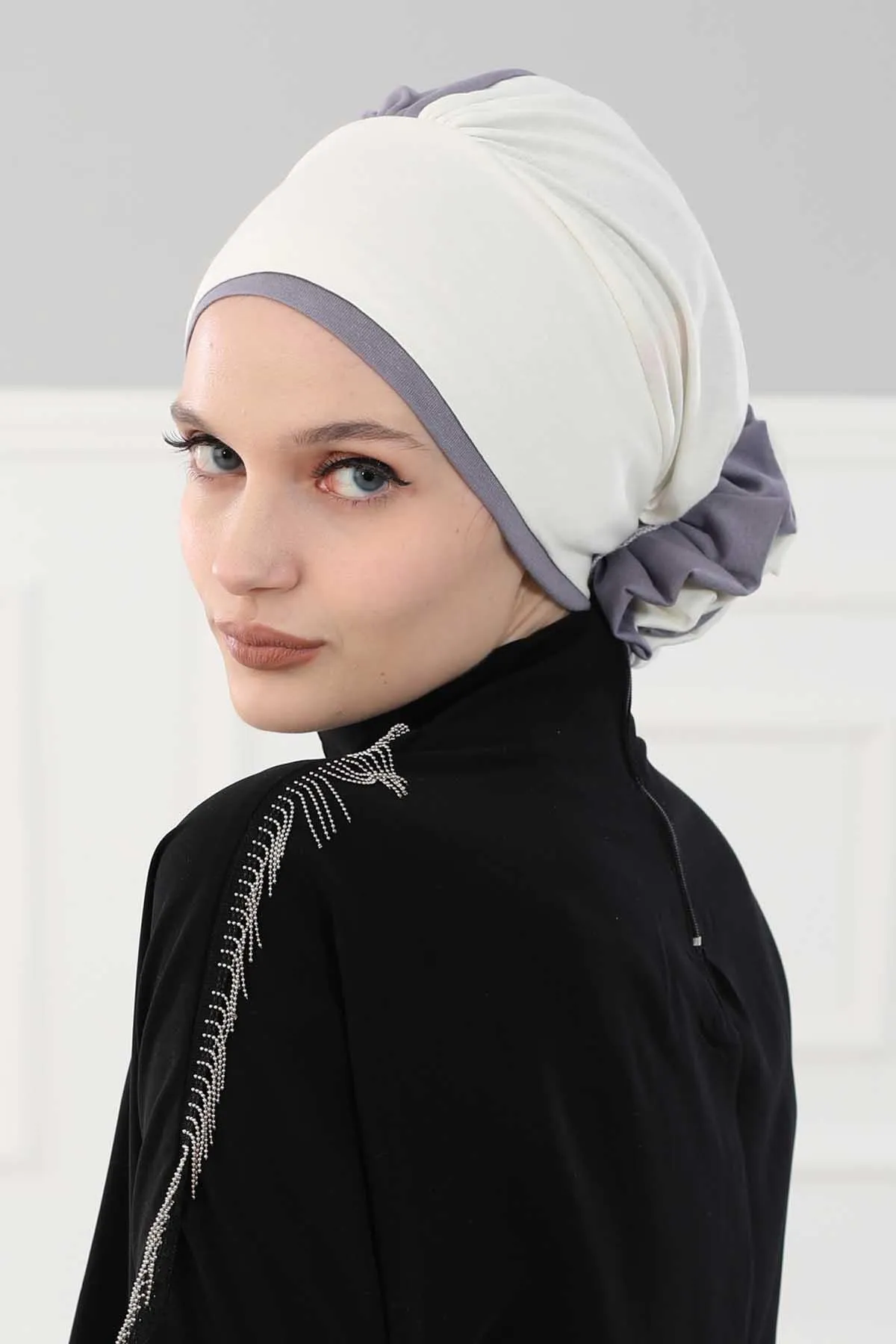 Floral Pre-Tied Instant Turban Fashionable Head Covering with Twin Colors, Soft Combed Cotton Easy Wear Hijab Headwrap with Rose Detail,B-28