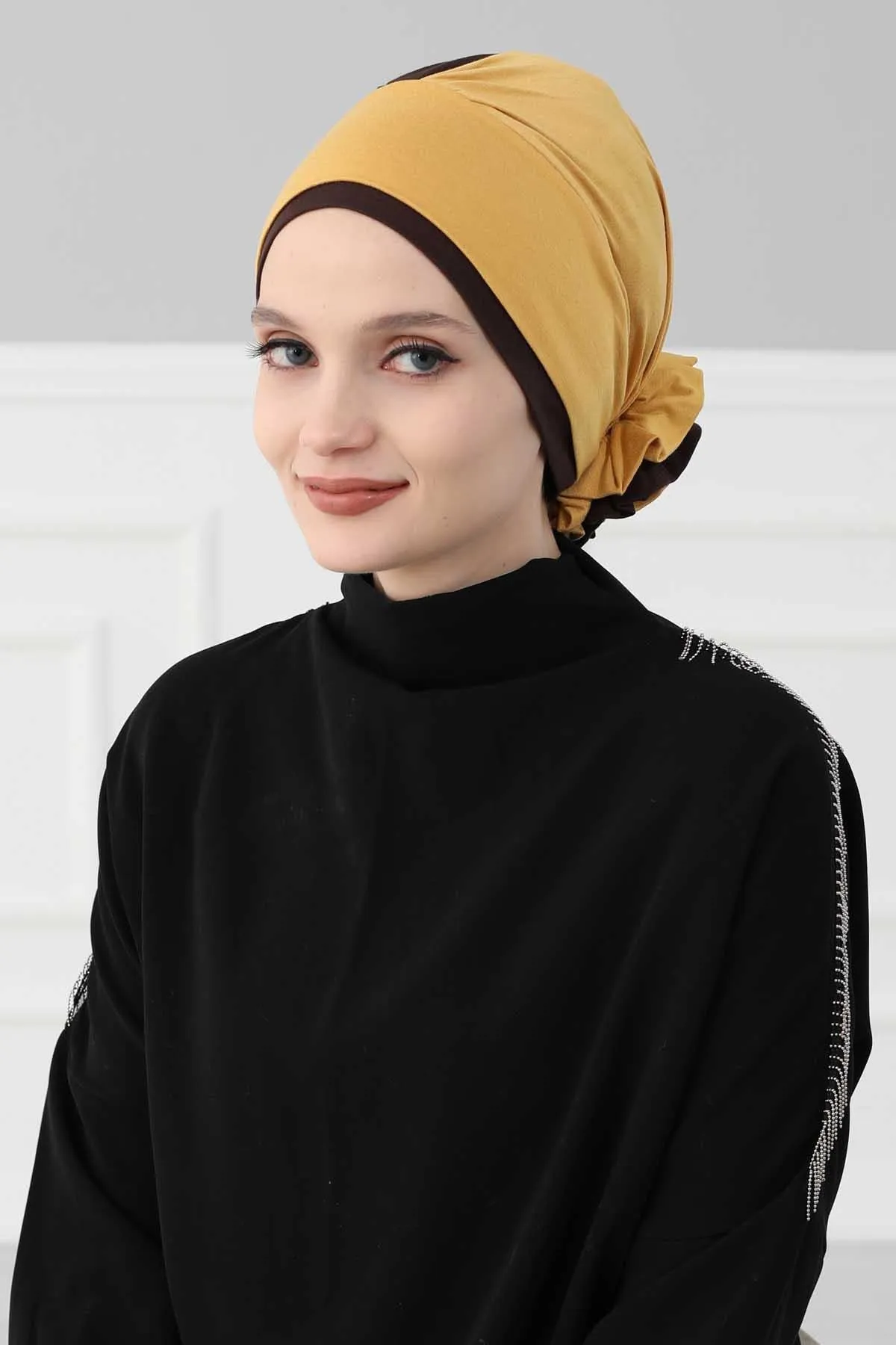 Floral Pre-Tied Instant Turban Fashionable Head Covering with Twin Colors, Soft Combed Cotton Easy Wear Hijab Headwrap with Rose Detail,B-28