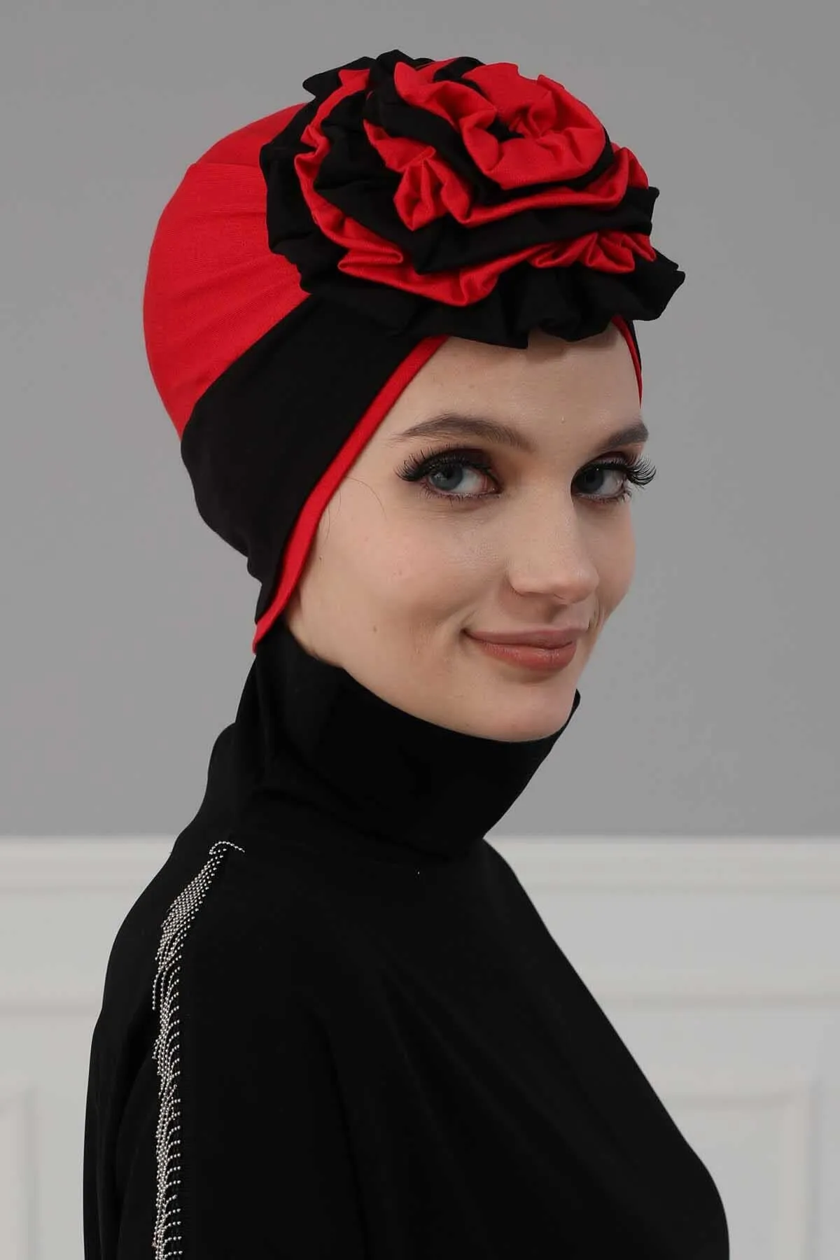 Floral Pre-Tied Instant Turban Fashionable Head Covering with Twin Colors, Soft Combed Cotton Easy Wear Hijab Headwrap with Rose Detail,B-28