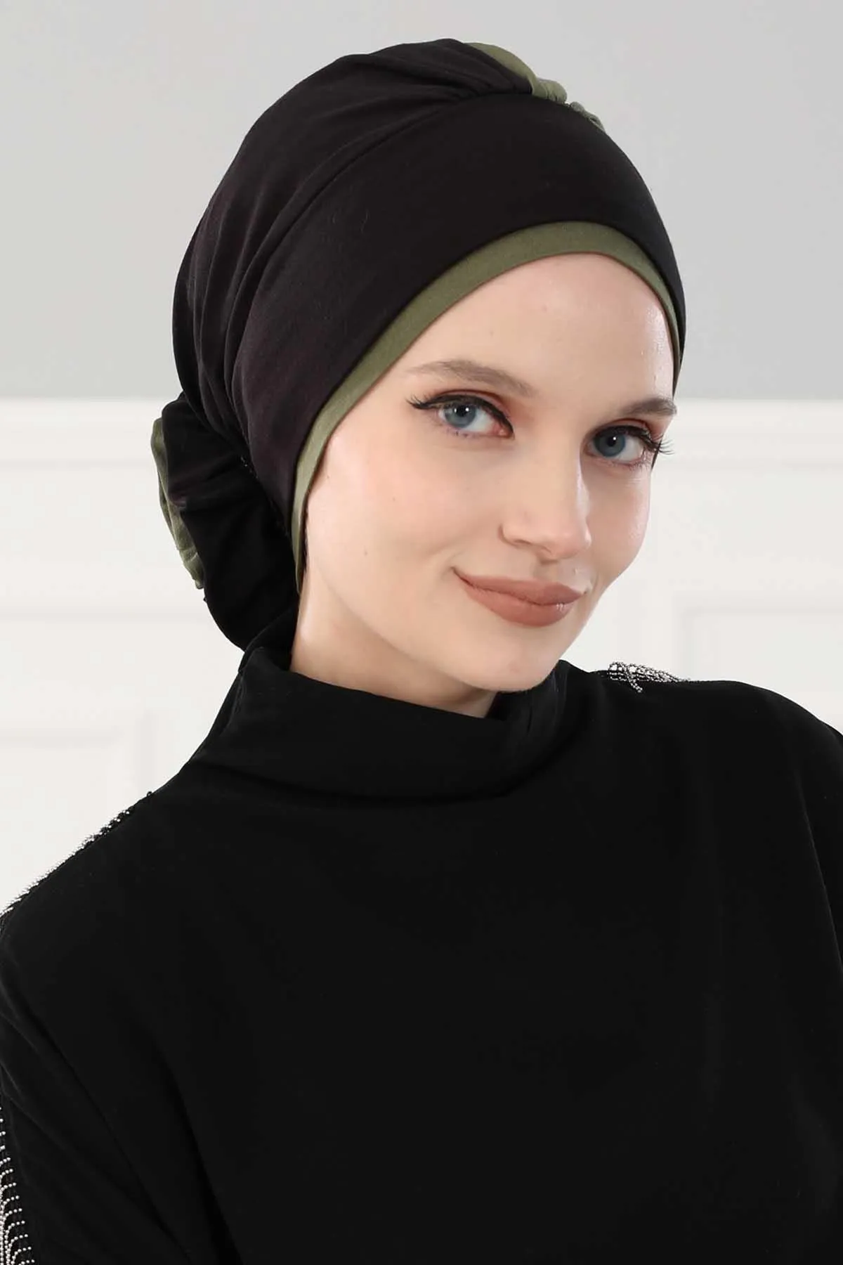 Floral Pre-Tied Instant Turban Fashionable Head Covering with Twin Colors, Soft Combed Cotton Easy Wear Hijab Headwrap with Rose Detail,B-28