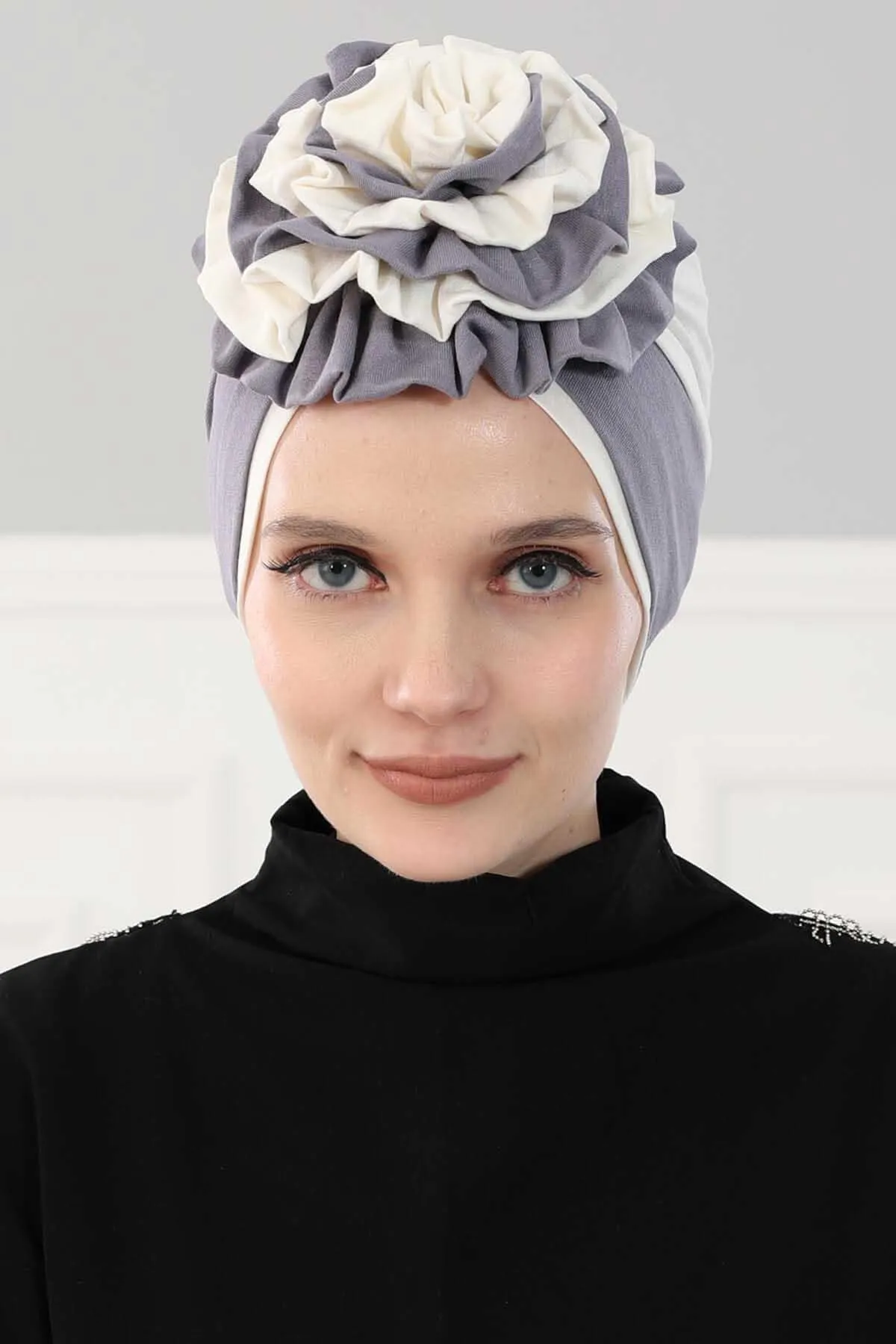 Floral Pre-Tied Instant Turban Fashionable Head Covering with Twin Colors, Soft Combed Cotton Easy Wear Hijab Headwrap with Rose Detail,B-28