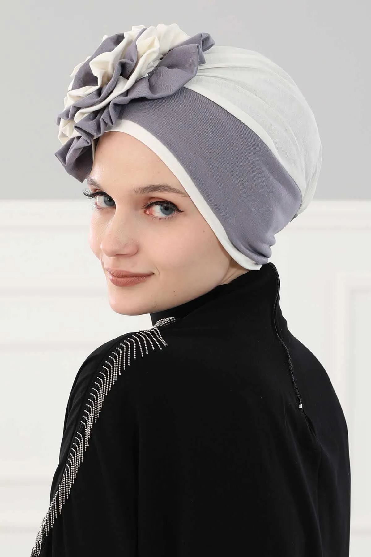 Floral Pre-Tied Instant Turban Fashionable Head Covering with Twin Colors, Soft Combed Cotton Easy Wear Hijab Headwrap with Rose Detail,B-28