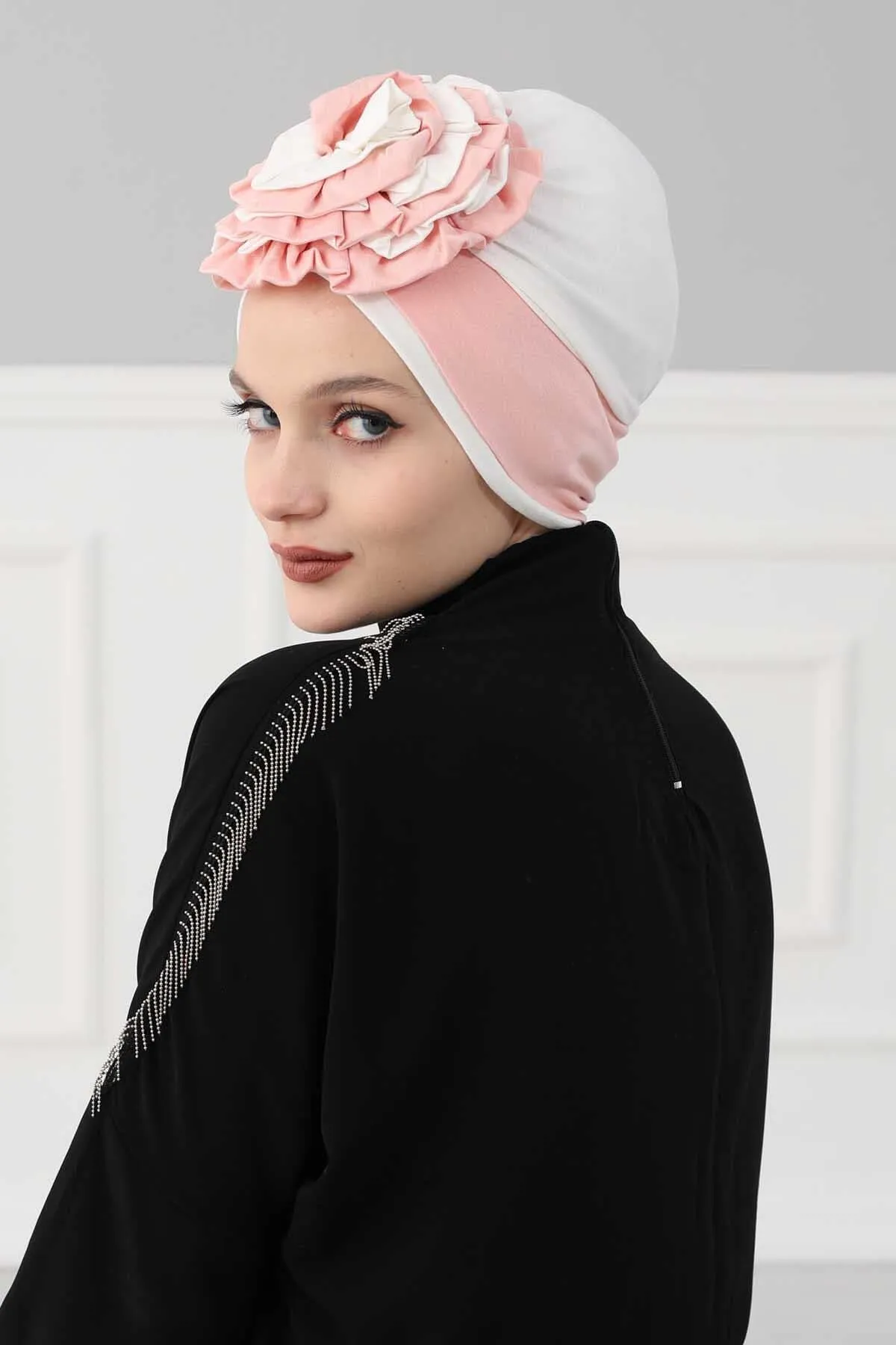 Floral Pre-Tied Instant Turban Fashionable Head Covering with Twin Colors, Soft Combed Cotton Easy Wear Hijab Headwrap with Rose Detail,B-28