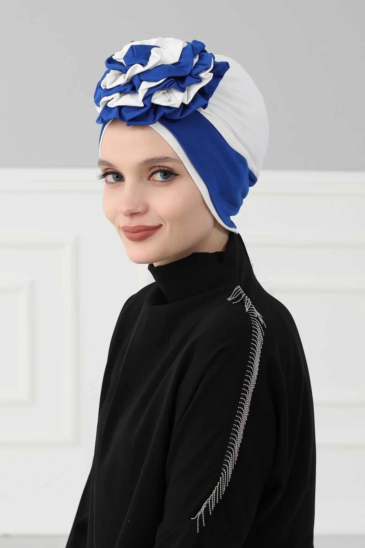 Floral Pre-Tied Instant Turban Fashionable Head Covering with Twin Colors, Soft Combed Cotton Easy Wear Hijab Headwrap with Rose Detail,B-28