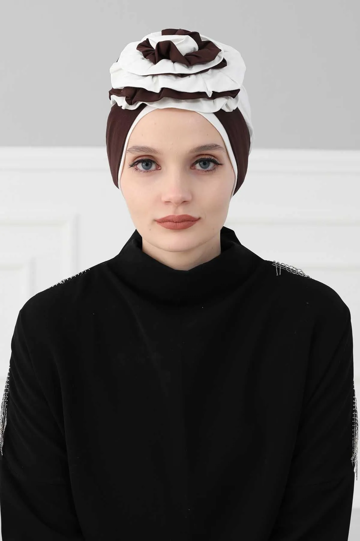 Floral Pre-Tied Instant Turban Fashionable Head Covering with Twin Colors, Soft Combed Cotton Easy Wear Hijab Headwrap with Rose Detail,B-28