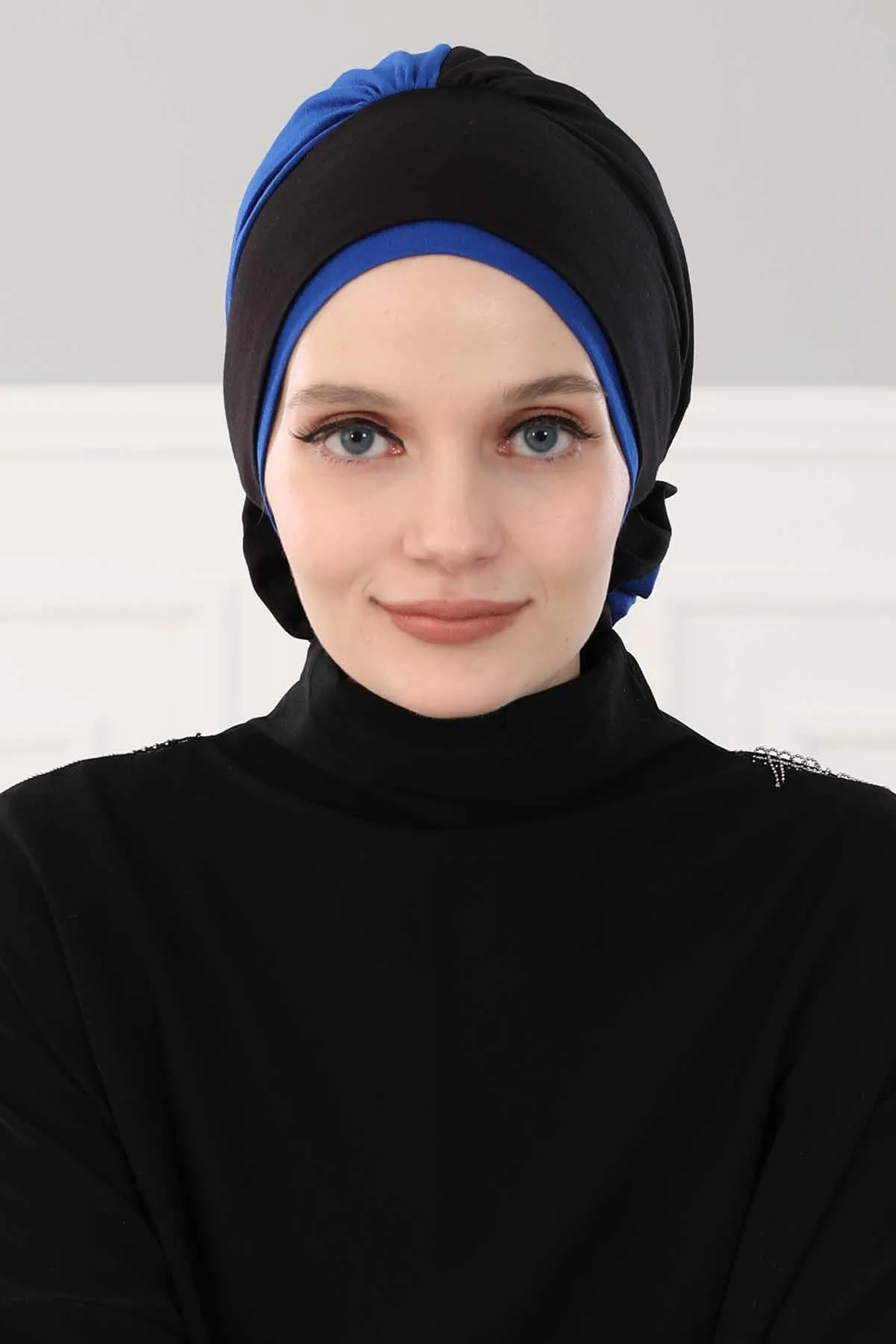 Floral Pre-Tied Instant Turban Fashionable Head Covering with Twin Colors, Soft Combed Cotton Easy Wear Hijab Headwrap with Rose Detail,B-28