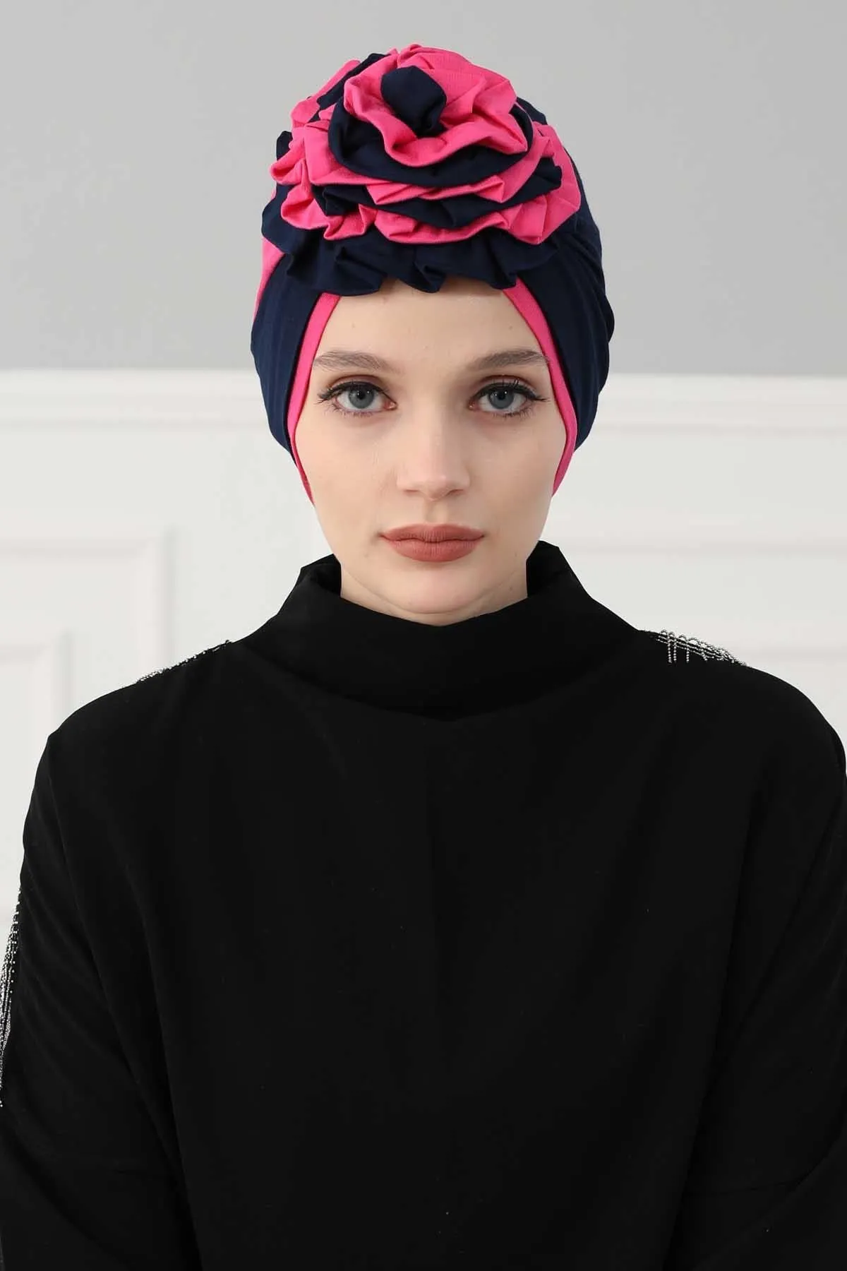 Floral Pre-Tied Instant Turban Fashionable Head Covering with Twin Colors, Soft Combed Cotton Easy Wear Hijab Headwrap with Rose Detail,B-28