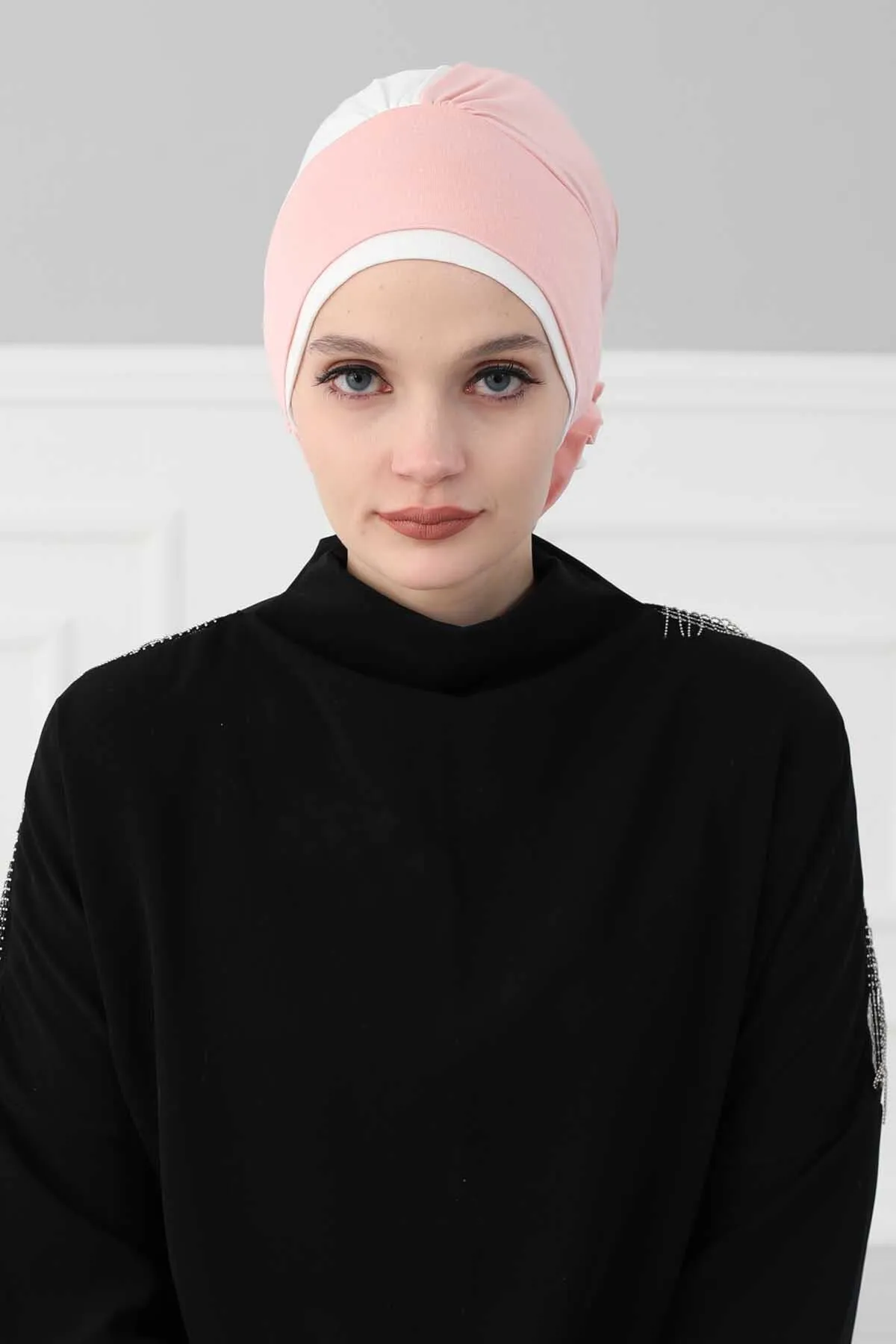 Floral Pre-Tied Instant Turban Fashionable Head Covering with Twin Colors, Soft Combed Cotton Easy Wear Hijab Headwrap with Rose Detail,B-28