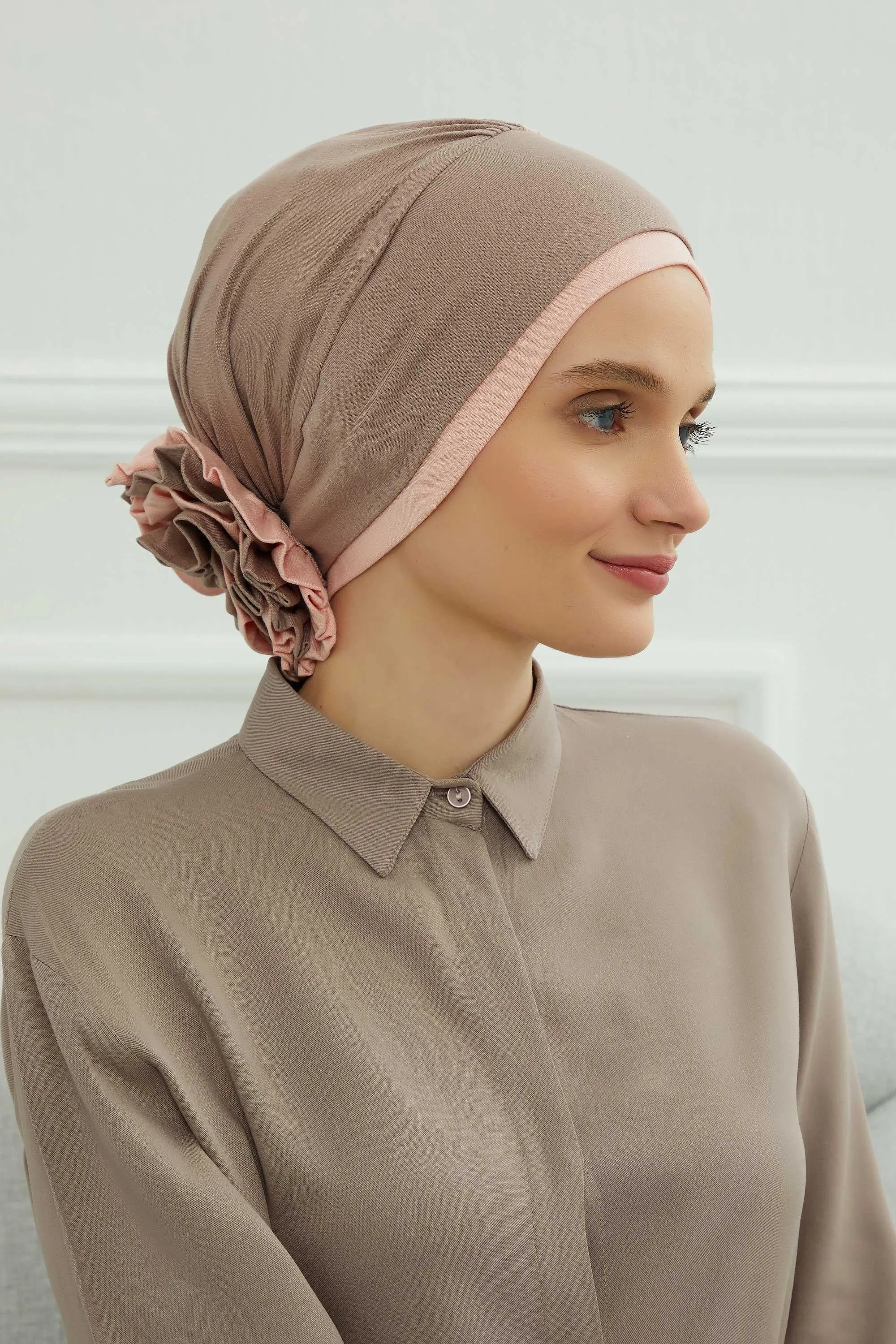 Floral Pre-Tied Instant Turban Fashionable Head Covering with Twin Colors, Soft Combed Cotton Easy Wear Hijab Headwrap with Rose Detail,B-28