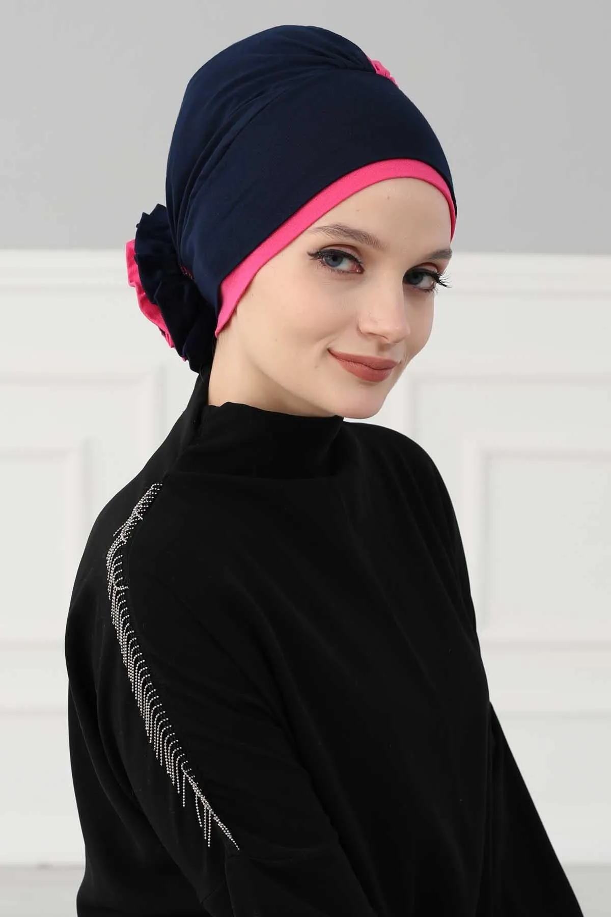 Floral Pre-Tied Instant Turban Fashionable Head Covering with Twin Colors, Soft Combed Cotton Easy Wear Hijab Headwrap with Rose Detail,B-28