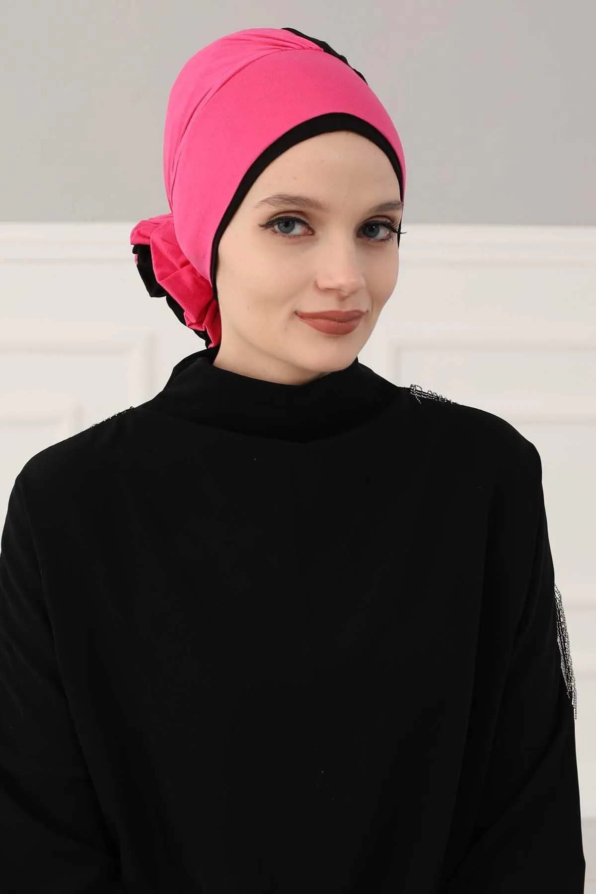 Floral Pre-Tied Instant Turban Fashionable Head Covering with Twin Colors, Soft Combed Cotton Easy Wear Hijab Headwrap with Rose Detail,B-28