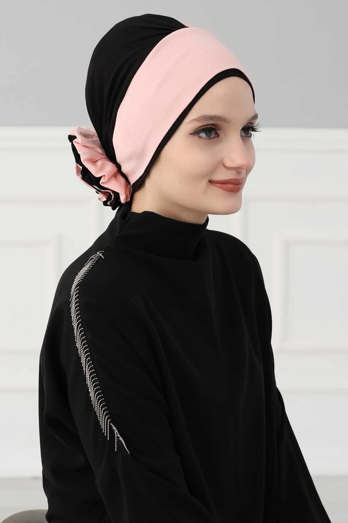 Floral Pre-Tied Instant Turban Fashionable Head Covering with Twin Colors, Soft Combed Cotton Easy Wear Hijab Headwrap with Rose Detail,B-28