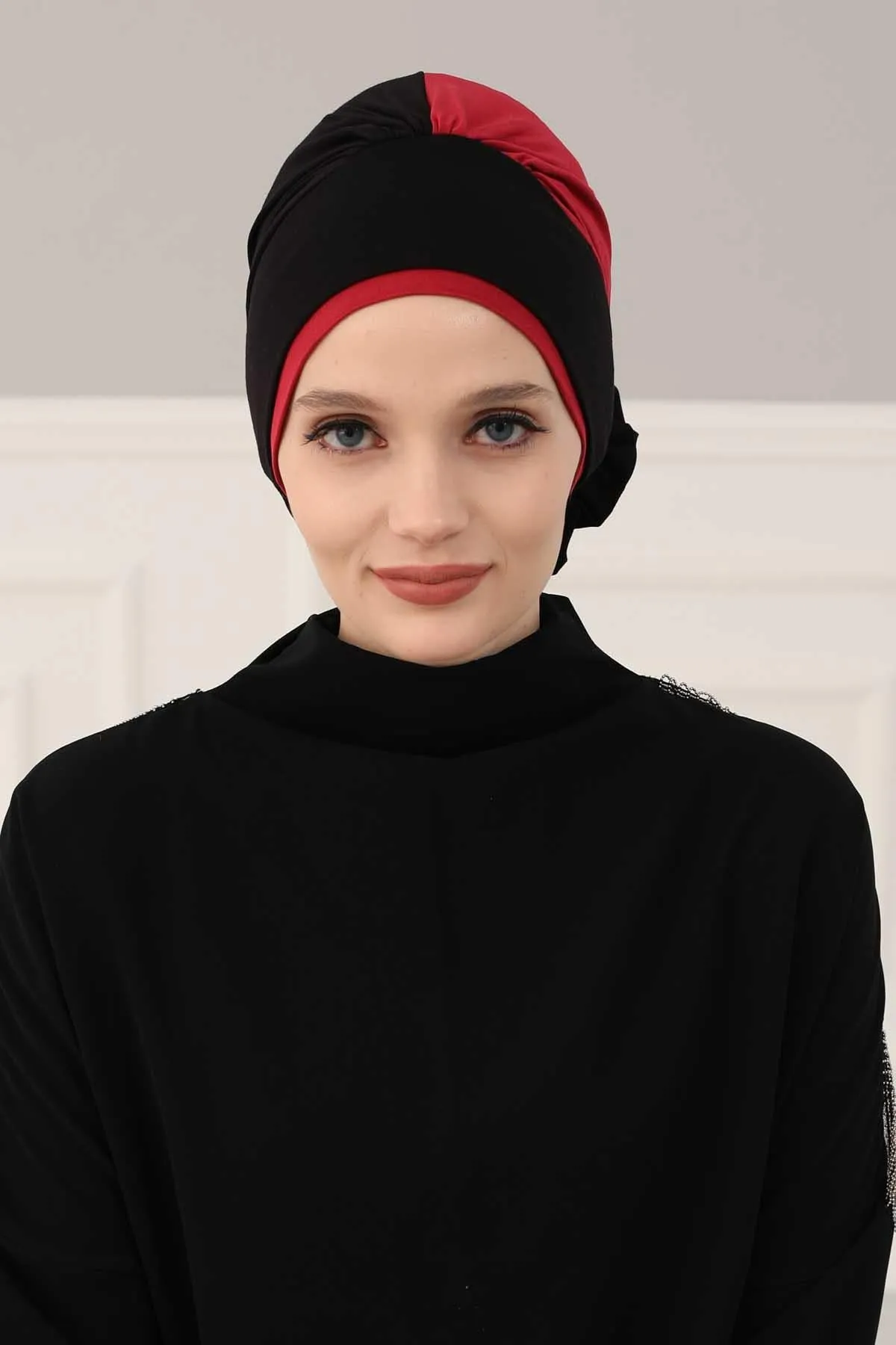 Floral Pre-Tied Instant Turban Fashionable Head Covering with Twin Colors, Soft Combed Cotton Easy Wear Hijab Headwrap with Rose Detail,B-28