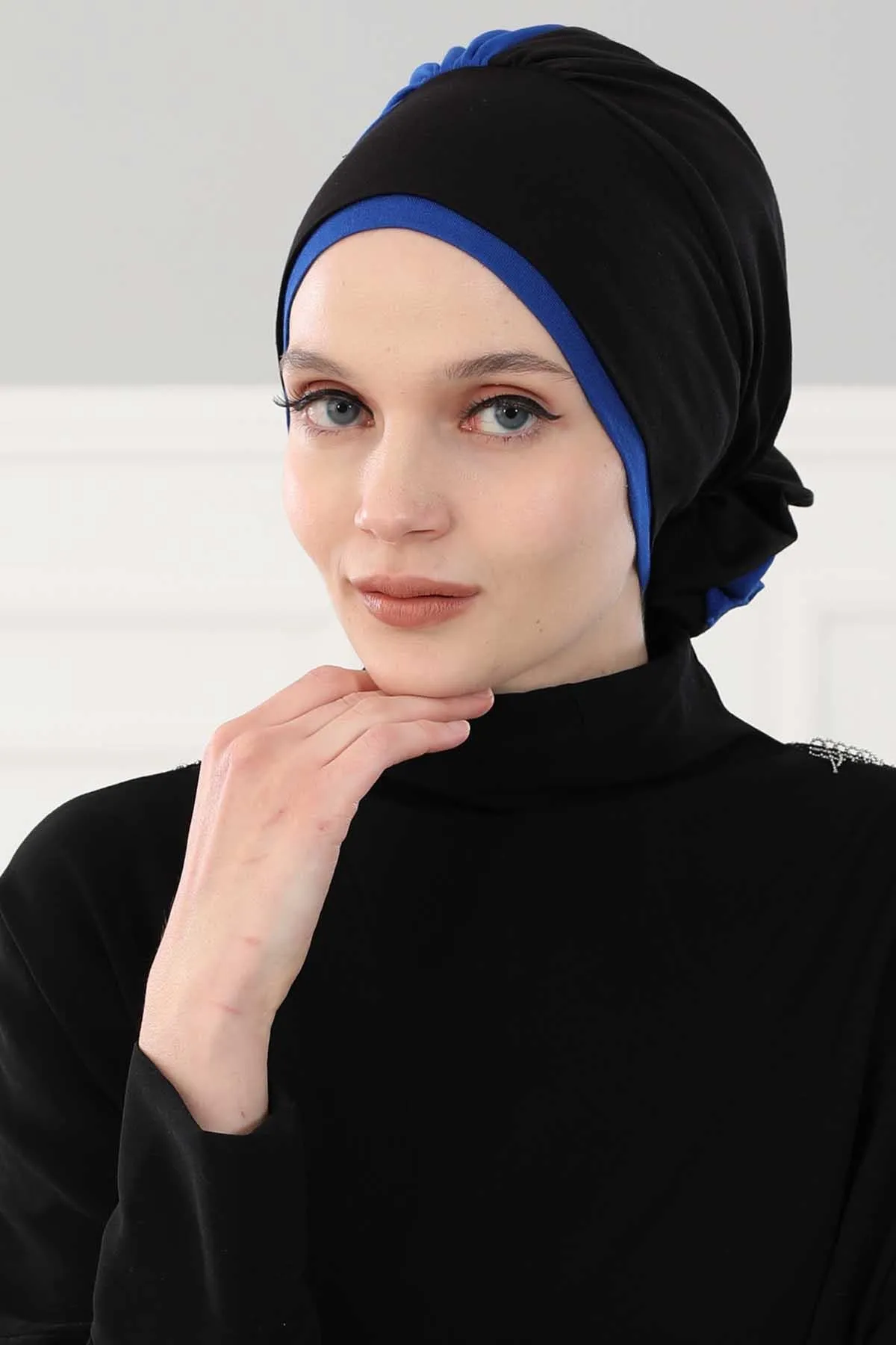 Floral Pre-Tied Instant Turban Fashionable Head Covering with Twin Colors, Soft Combed Cotton Easy Wear Hijab Headwrap with Rose Detail,B-28