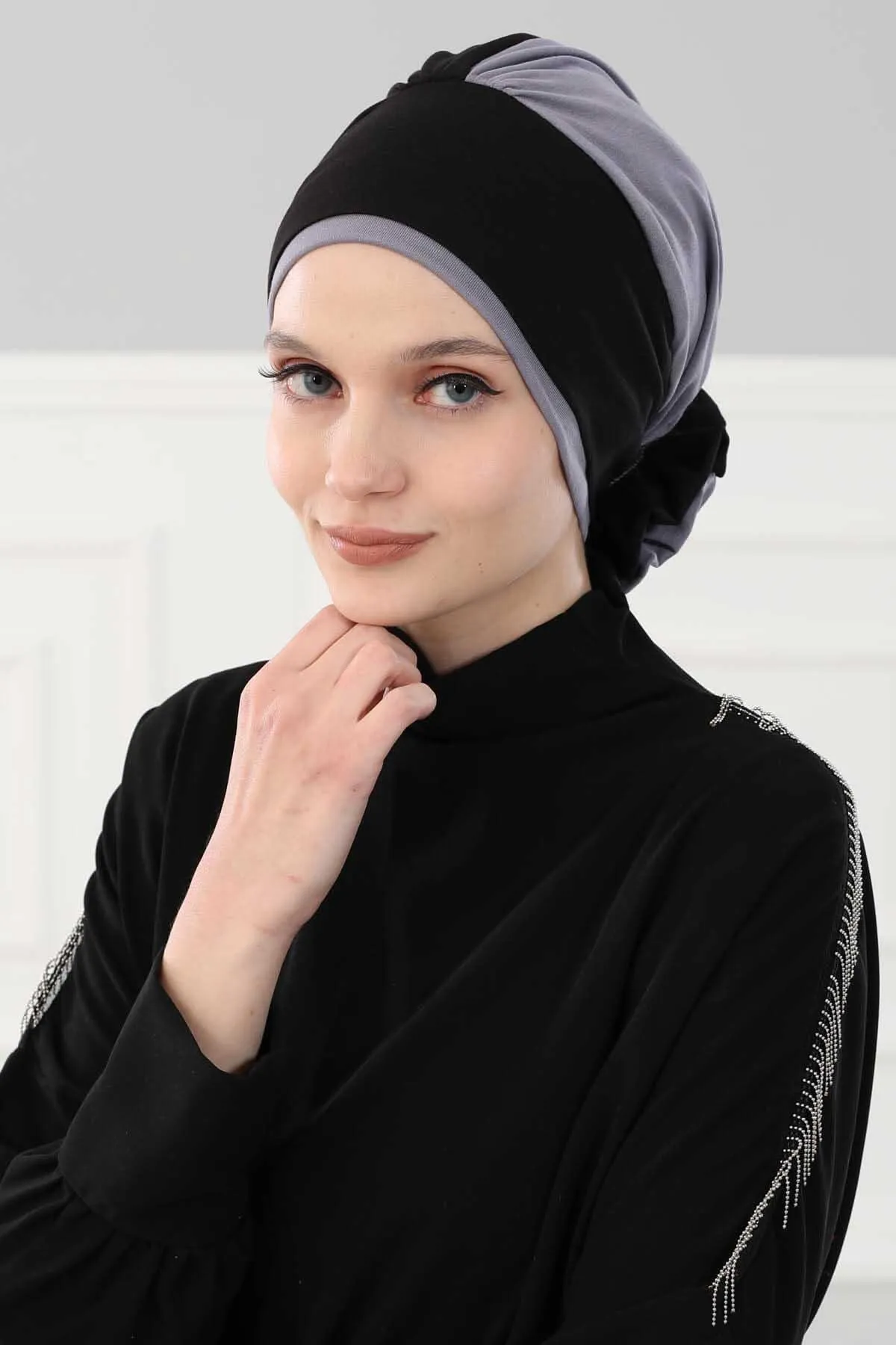 Floral Pre-Tied Instant Turban Fashionable Head Covering with Twin Colors, Soft Combed Cotton Easy Wear Hijab Headwrap with Rose Detail,B-28