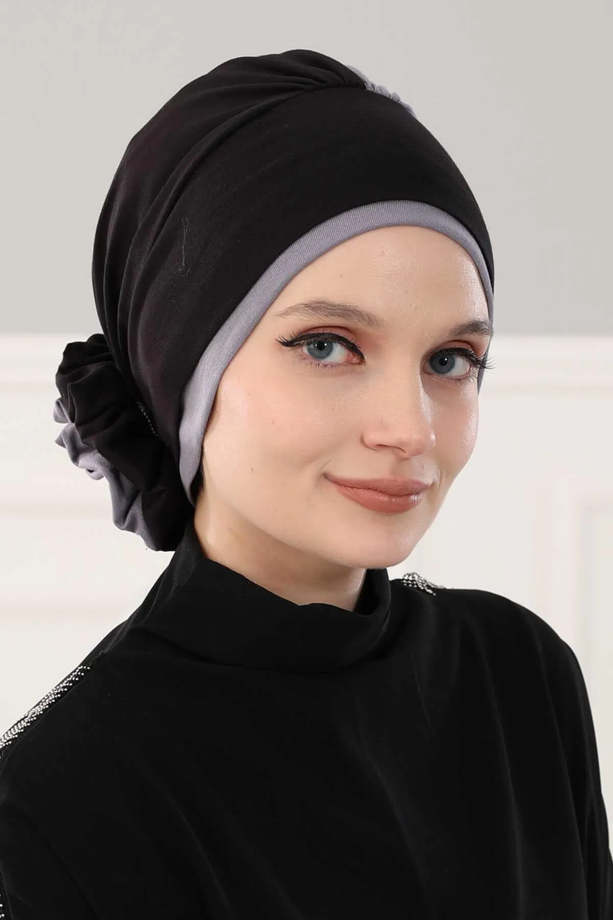 Floral Pre-Tied Instant Turban Fashionable Head Covering with Twin Colors, Soft Combed Cotton Easy Wear Hijab Headwrap with Rose Detail,B-28