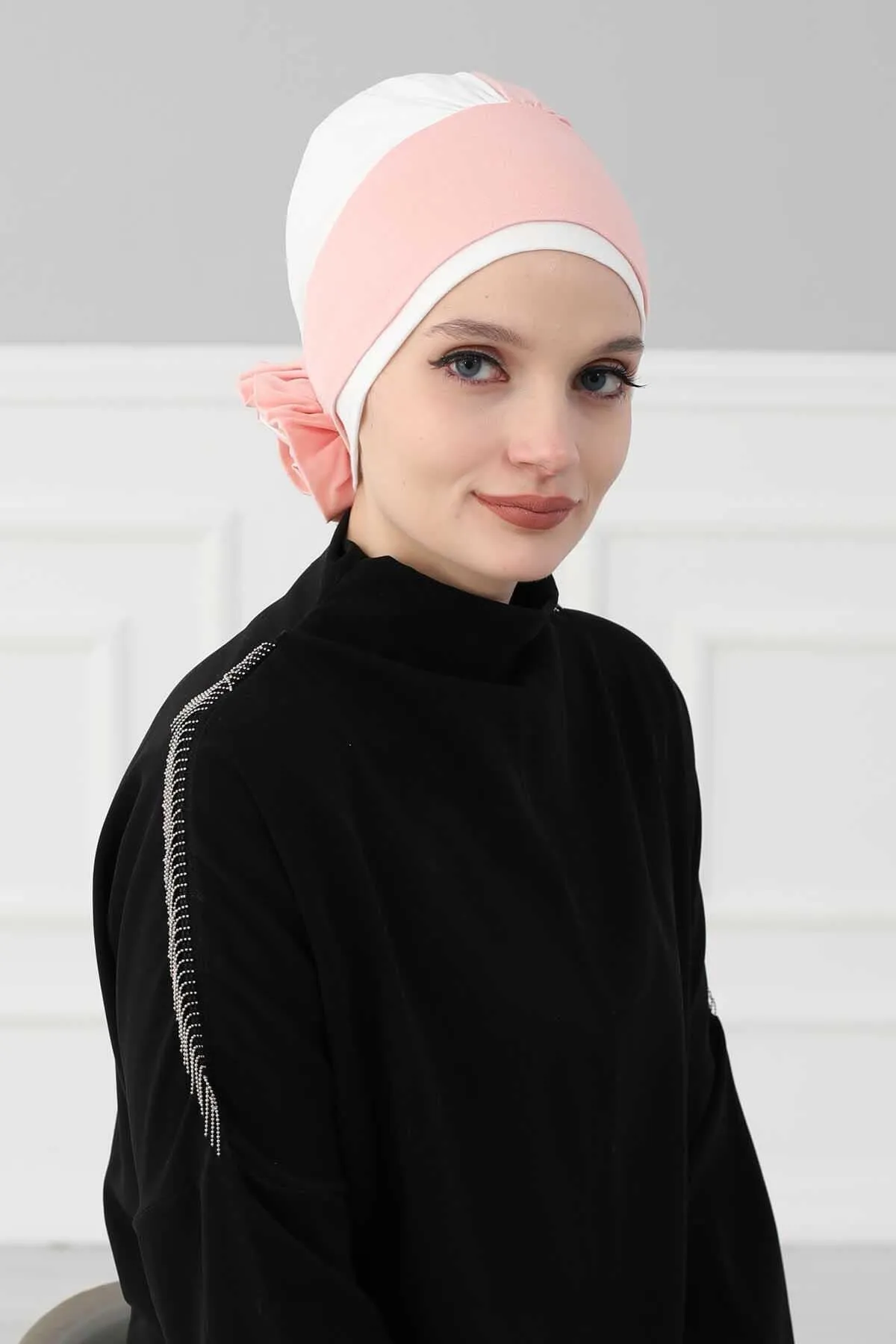 Floral Pre-Tied Instant Turban Fashionable Head Covering with Twin Colors, Soft Combed Cotton Easy Wear Hijab Headwrap with Rose Detail,B-28