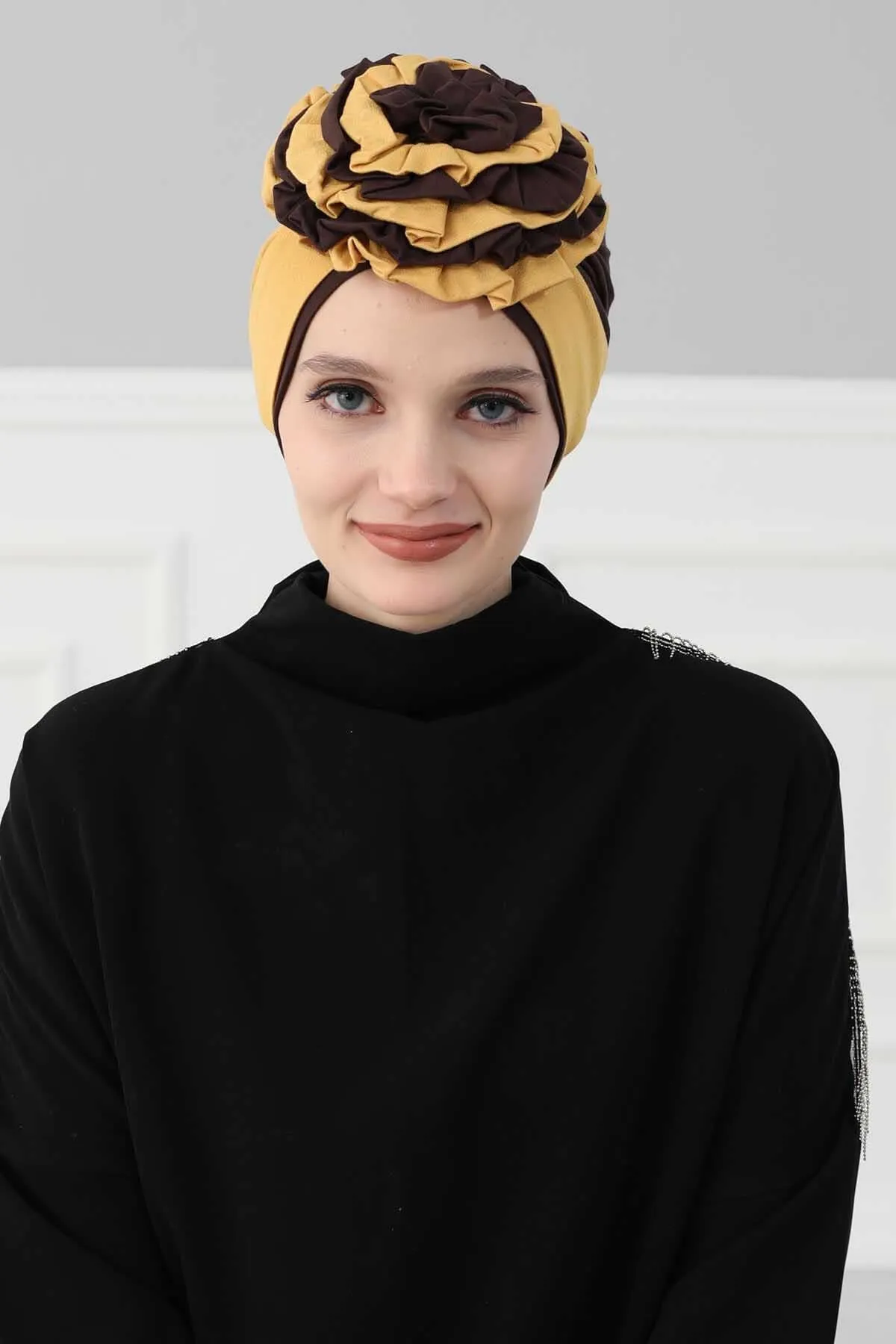 Floral Pre-Tied Instant Turban Fashionable Head Covering with Twin Colors, Soft Combed Cotton Easy Wear Hijab Headwrap with Rose Detail,B-28