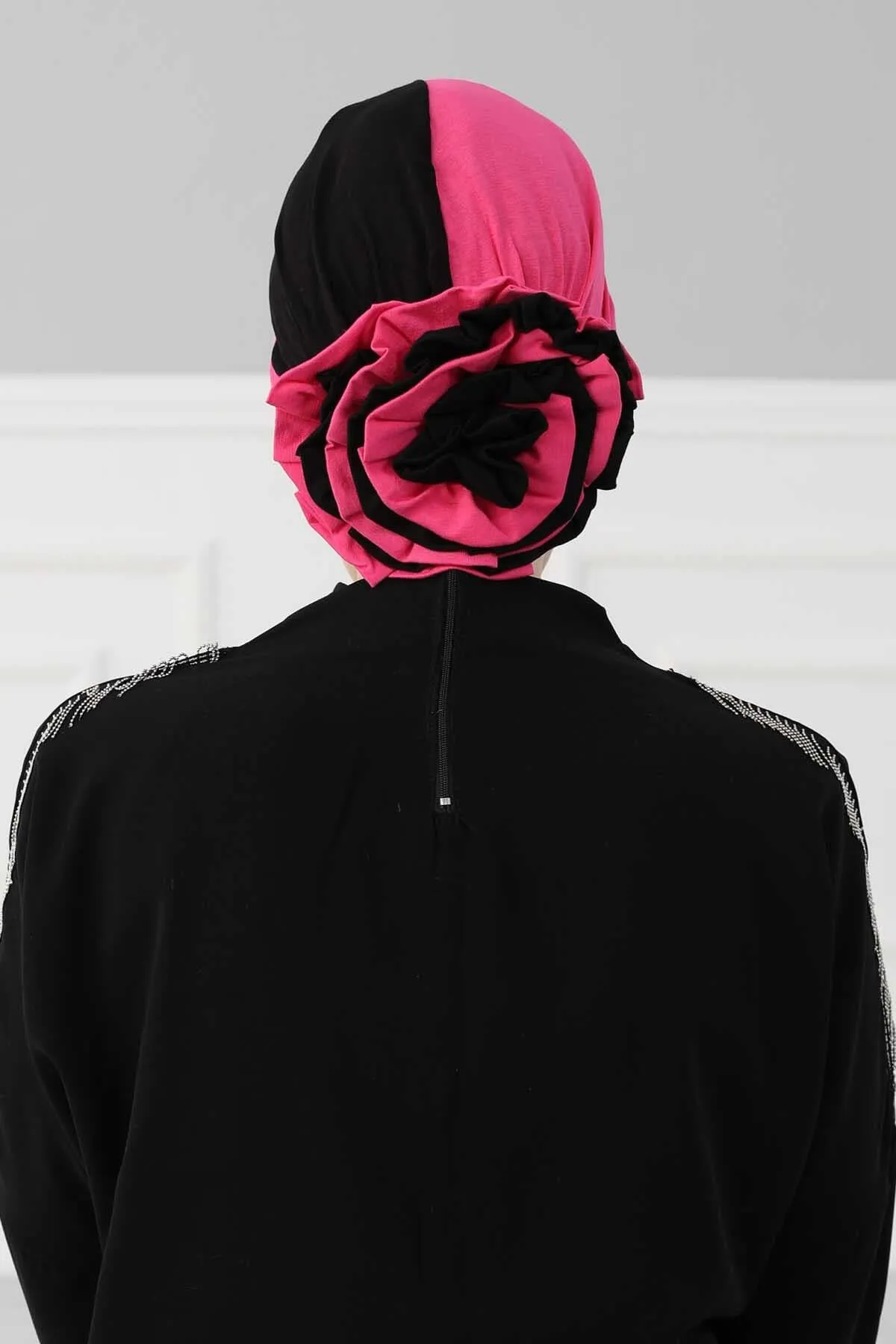 Floral Pre-Tied Instant Turban Fashionable Head Covering with Twin Colors, Soft Combed Cotton Easy Wear Hijab Headwrap with Rose Detail,B-28