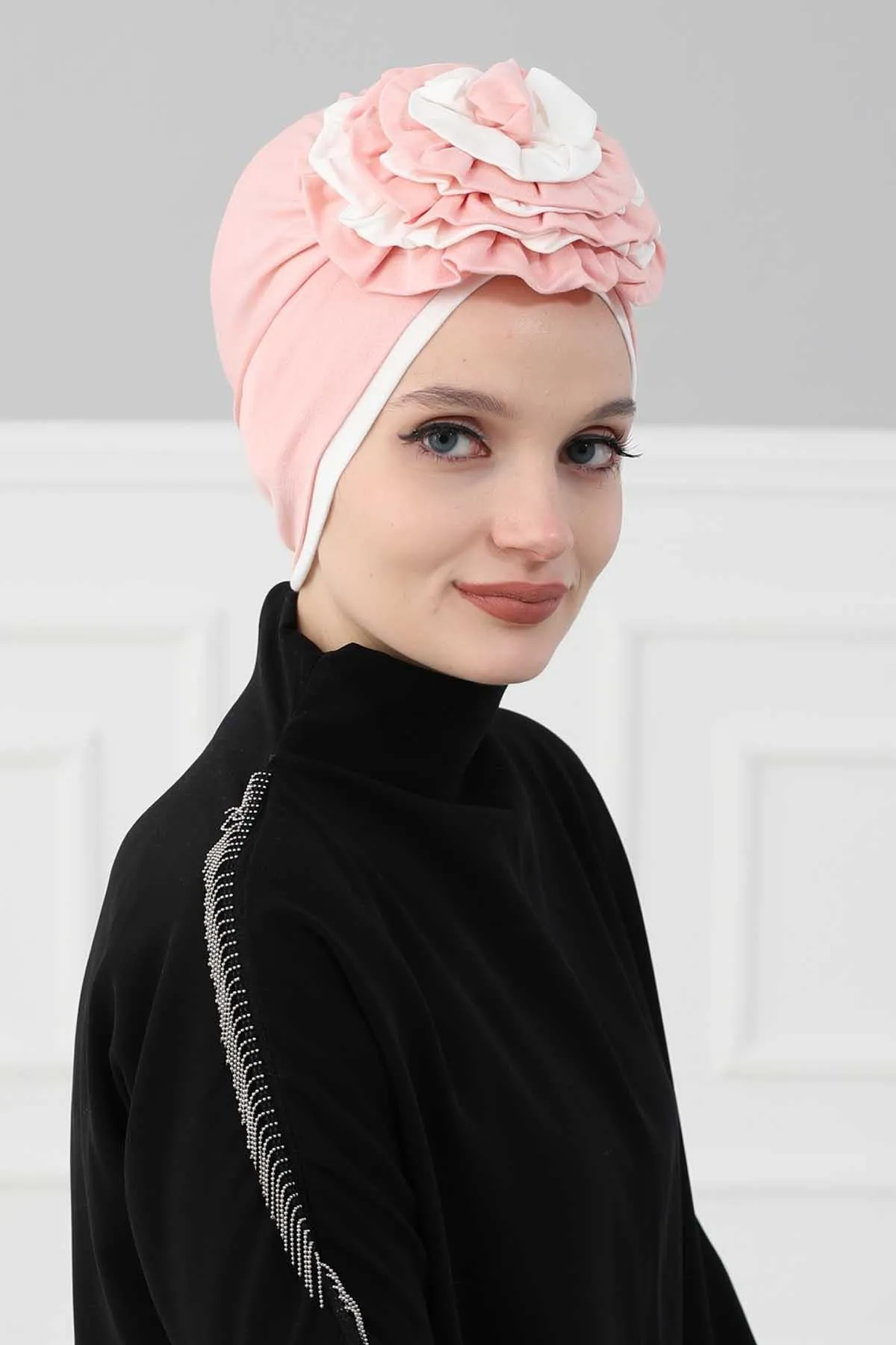 Floral Pre-Tied Instant Turban Fashionable Head Covering with Twin Colors, Soft Combed Cotton Easy Wear Hijab Headwrap with Rose Detail,B-28