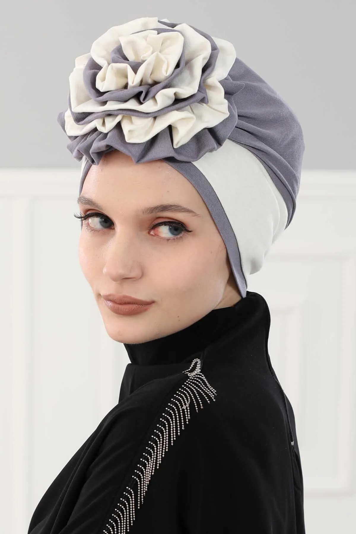 Floral Pre-Tied Instant Turban Fashionable Head Covering with Twin Colors, Soft Combed Cotton Easy Wear Hijab Headwrap with Rose Detail,B-28