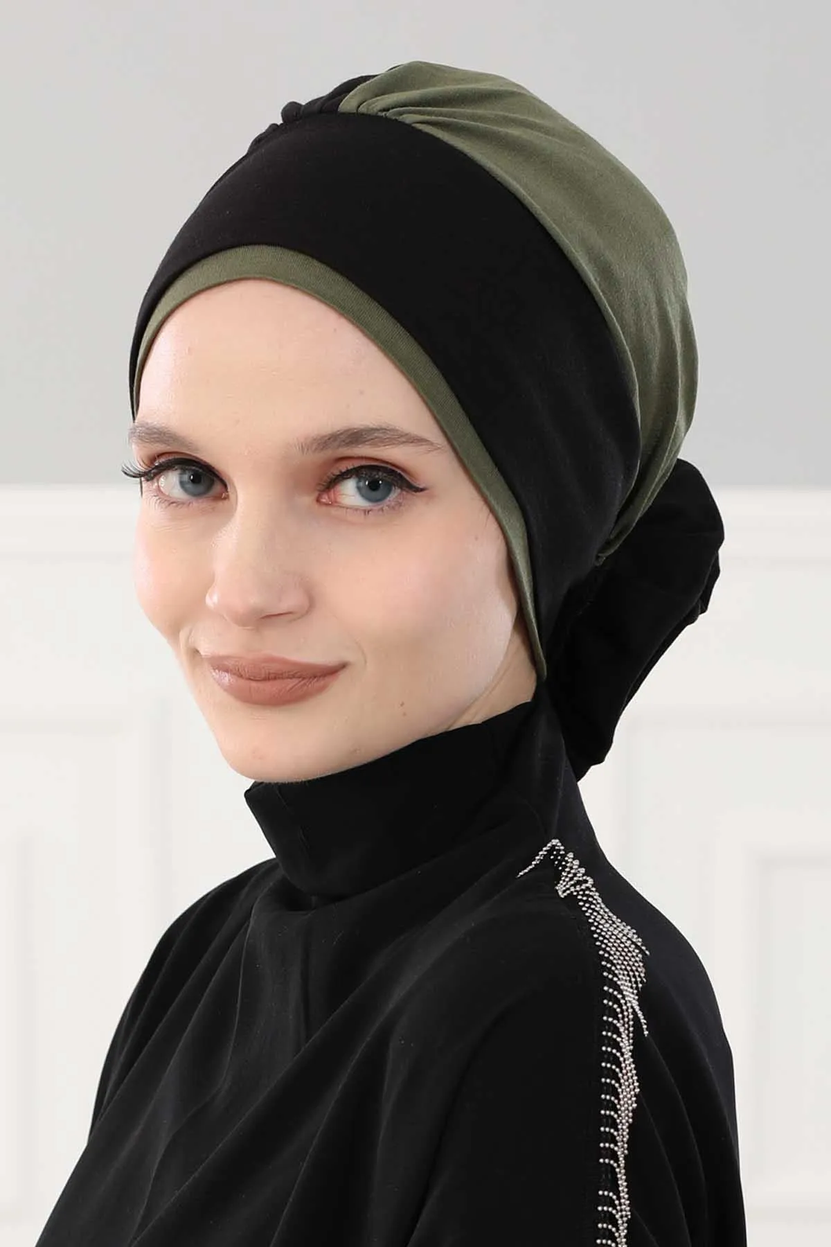 Floral Pre-Tied Instant Turban Fashionable Head Covering with Twin Colors, Soft Combed Cotton Easy Wear Hijab Headwrap with Rose Detail,B-28