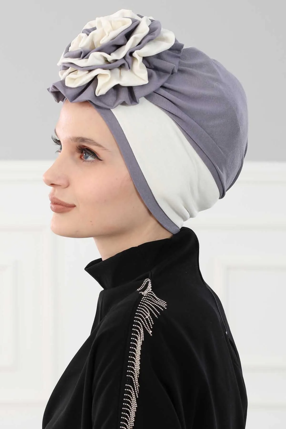 Floral Pre-Tied Instant Turban Fashionable Head Covering with Twin Colors, Soft Combed Cotton Easy Wear Hijab Headwrap with Rose Detail,B-28