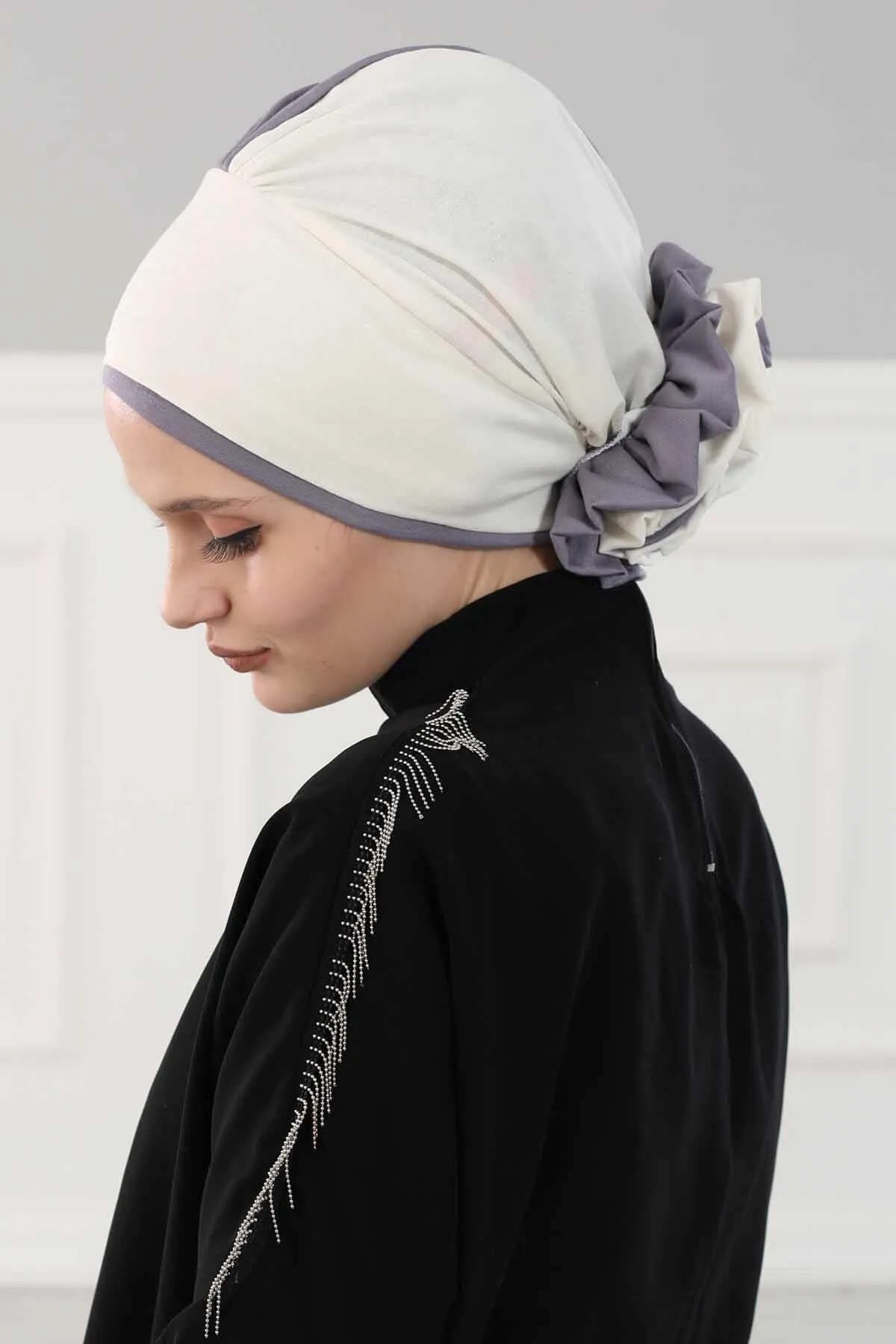 Floral Pre-Tied Instant Turban Fashionable Head Covering with Twin Colors, Soft Combed Cotton Easy Wear Hijab Headwrap with Rose Detail,B-28