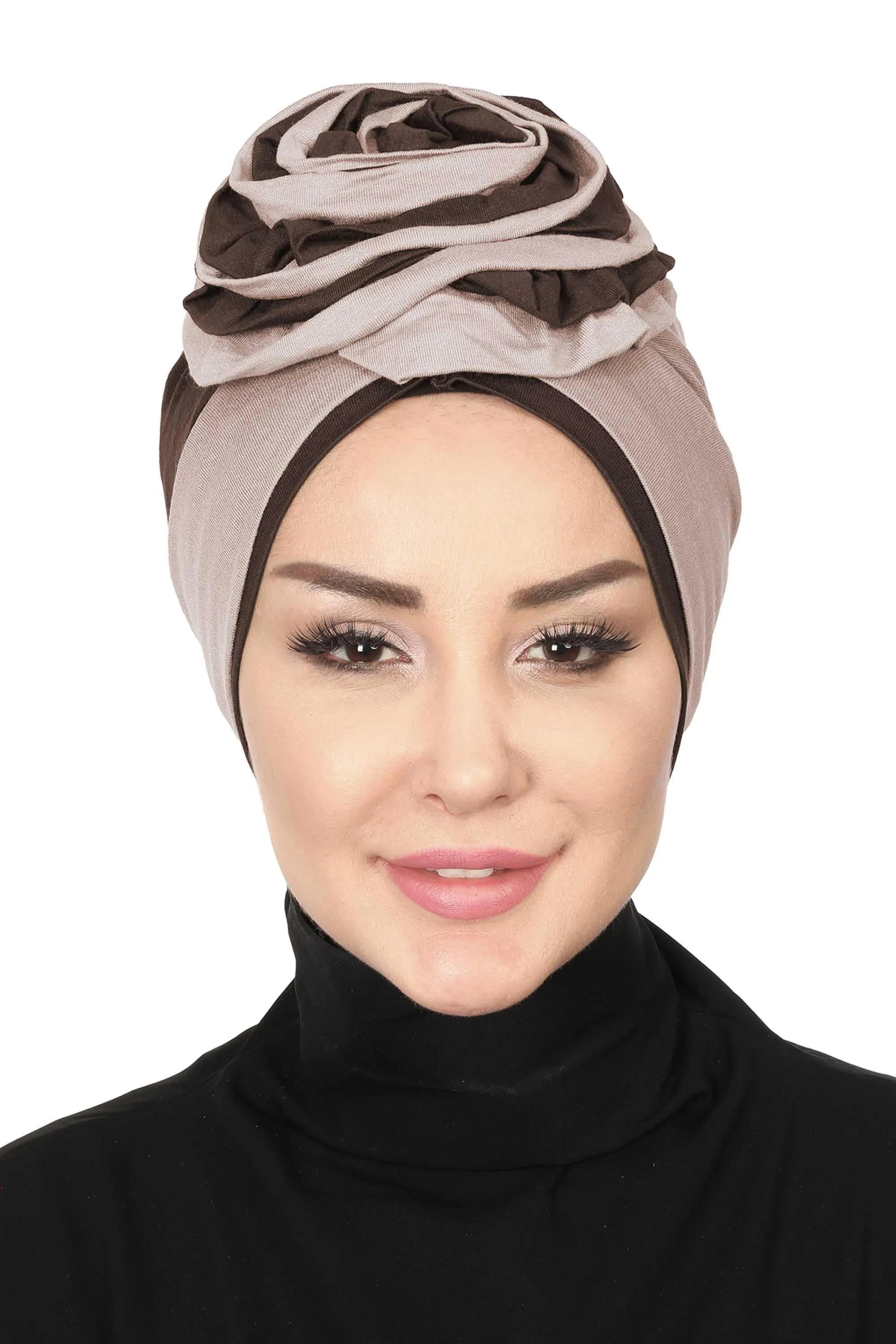 Floral Pre-Tied Instant Turban Fashionable Head Covering with Twin Colors, Soft Combed Cotton Easy Wear Hijab Headwrap with Rose Detail,B-28