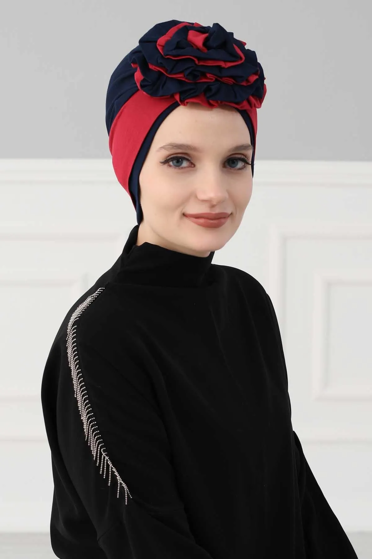 Floral Pre-Tied Instant Turban Fashionable Head Covering with Twin Colors, Soft Combed Cotton Easy Wear Hijab Headwrap with Rose Detail,B-28