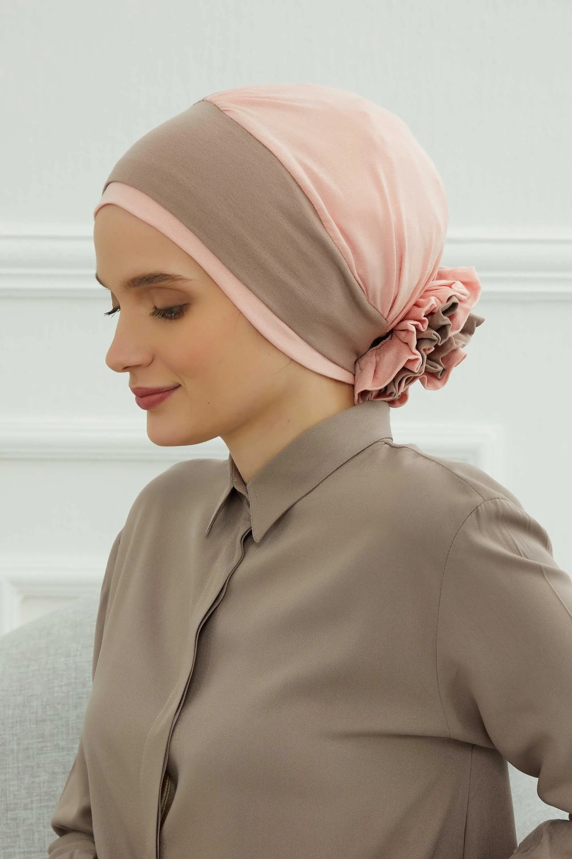 Floral Pre-Tied Instant Turban Fashionable Head Covering with Twin Colors, Soft Combed Cotton Easy Wear Hijab Headwrap with Rose Detail,B-28