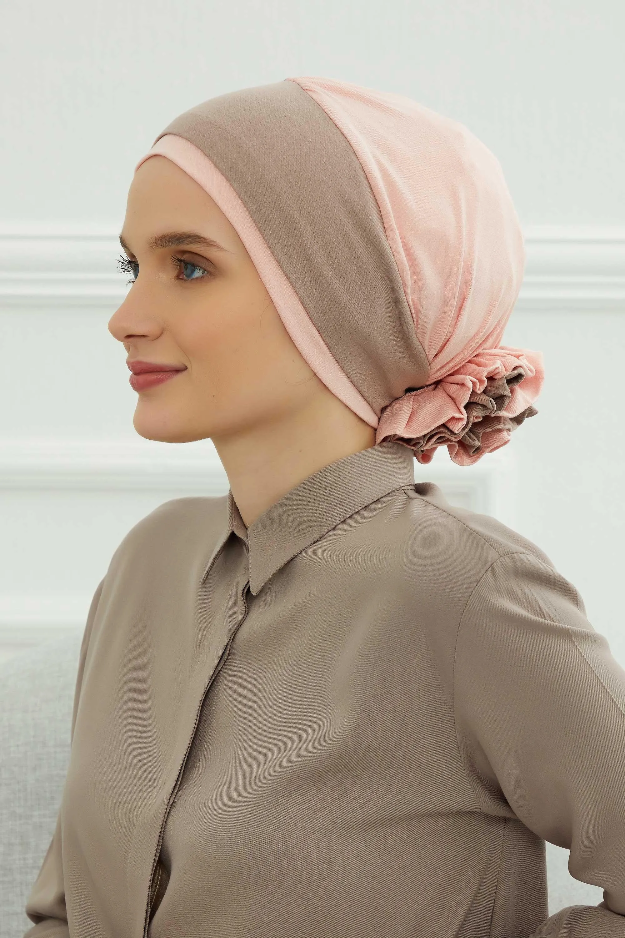 Floral Pre-Tied Instant Turban Fashionable Head Covering with Twin Colors, Soft Combed Cotton Easy Wear Hijab Headwrap with Rose Detail,B-28