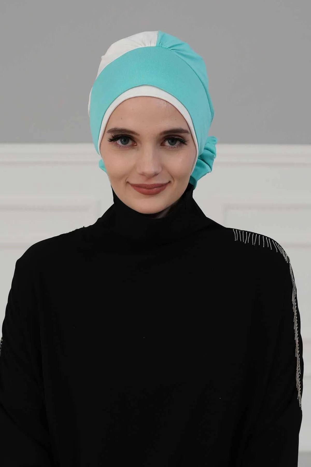 Floral Pre-Tied Instant Turban Fashionable Head Covering with Twin Colors, Soft Combed Cotton Easy Wear Hijab Headwrap with Rose Detail,B-28