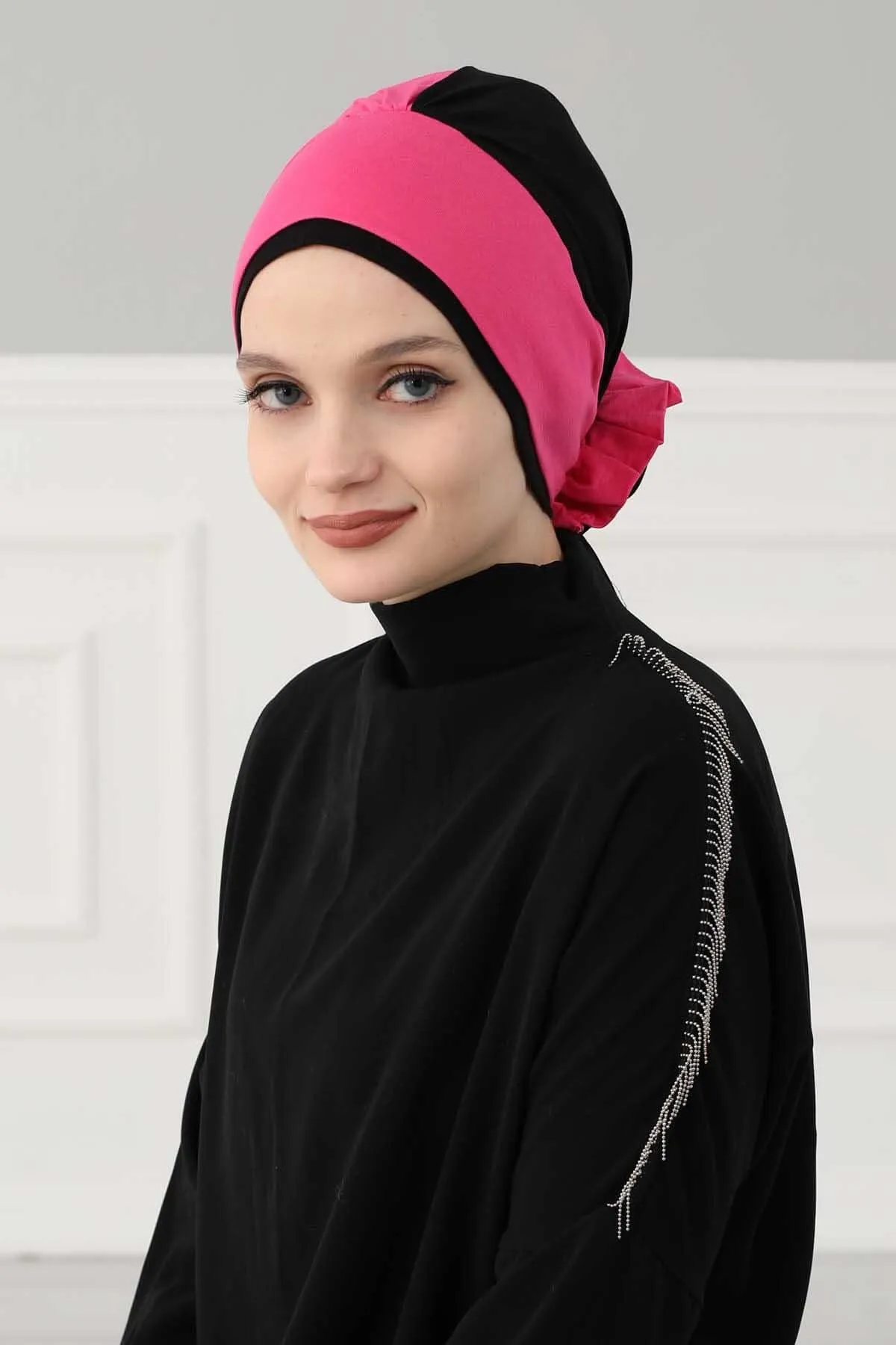 Floral Pre-Tied Instant Turban Fashionable Head Covering with Twin Colors, Soft Combed Cotton Easy Wear Hijab Headwrap with Rose Detail,B-28