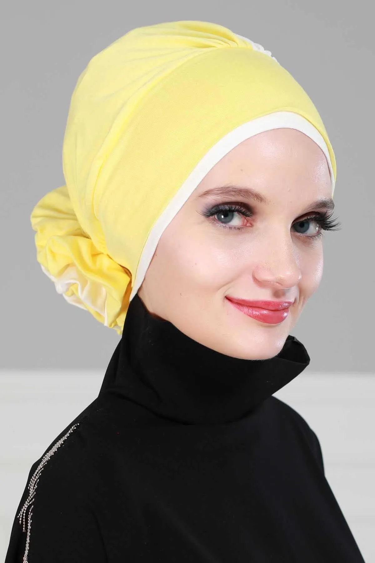 Floral Pre-Tied Instant Turban Fashionable Head Covering with Twin Colors, Soft Combed Cotton Easy Wear Hijab Headwrap with Rose Detail,B-28