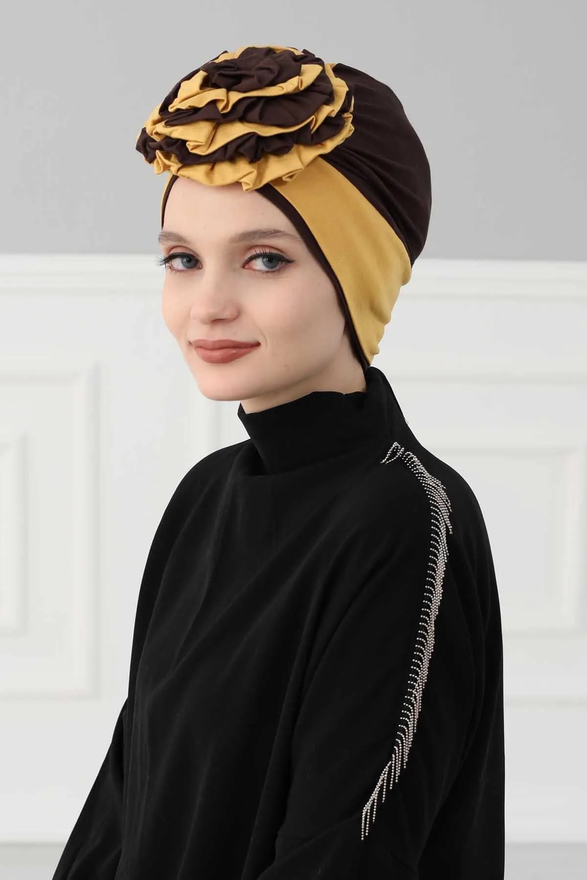 Floral Pre-Tied Instant Turban Fashionable Head Covering with Twin Colors, Soft Combed Cotton Easy Wear Hijab Headwrap with Rose Detail,B-28