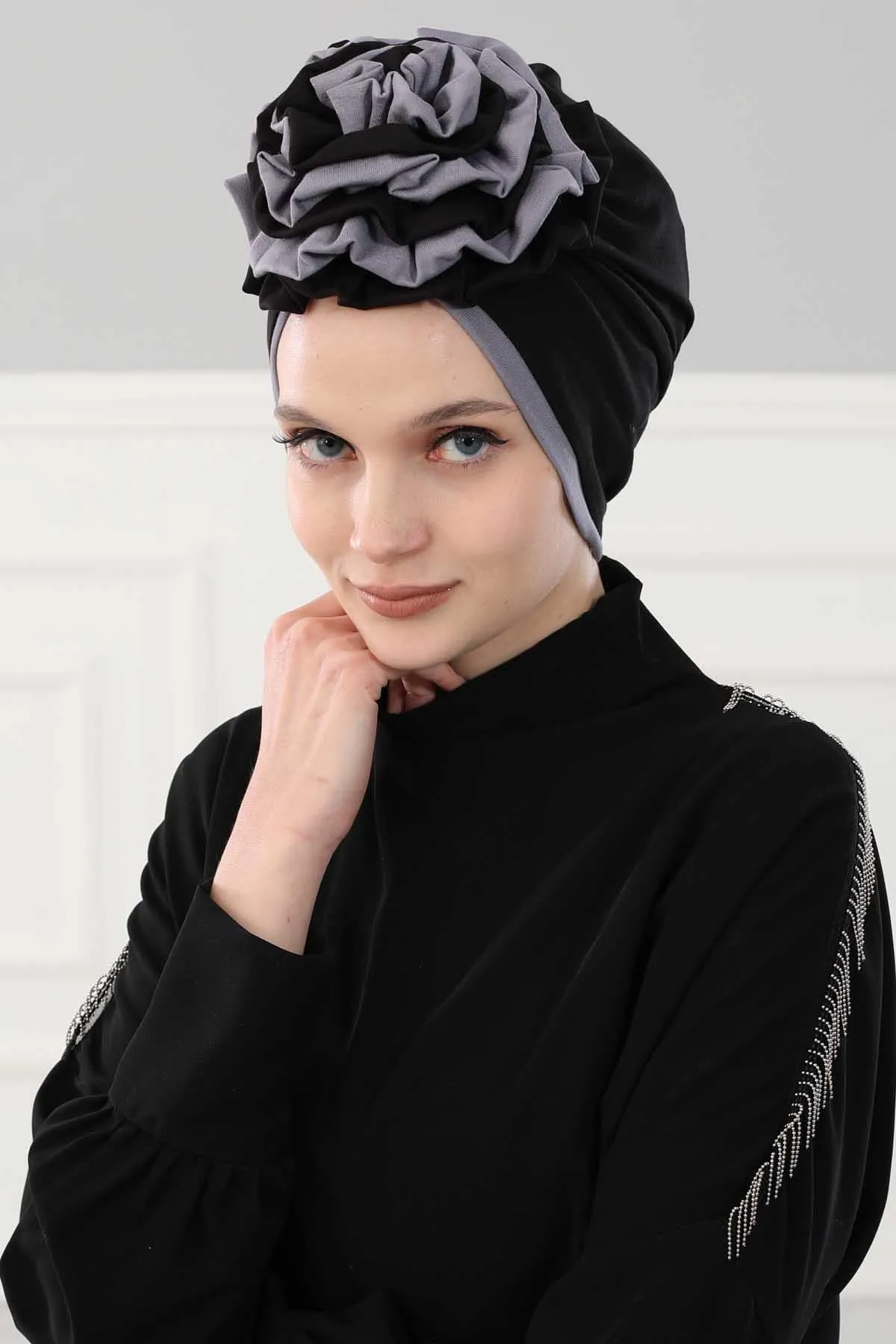 Floral Pre-Tied Instant Turban Fashionable Head Covering with Twin Colors, Soft Combed Cotton Easy Wear Hijab Headwrap with Rose Detail,B-28