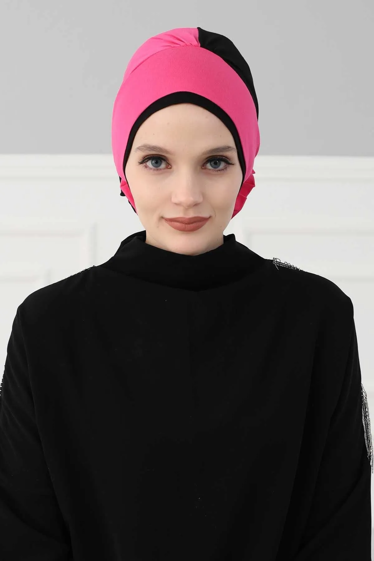 Floral Pre-Tied Instant Turban Fashionable Head Covering with Twin Colors, Soft Combed Cotton Easy Wear Hijab Headwrap with Rose Detail,B-28