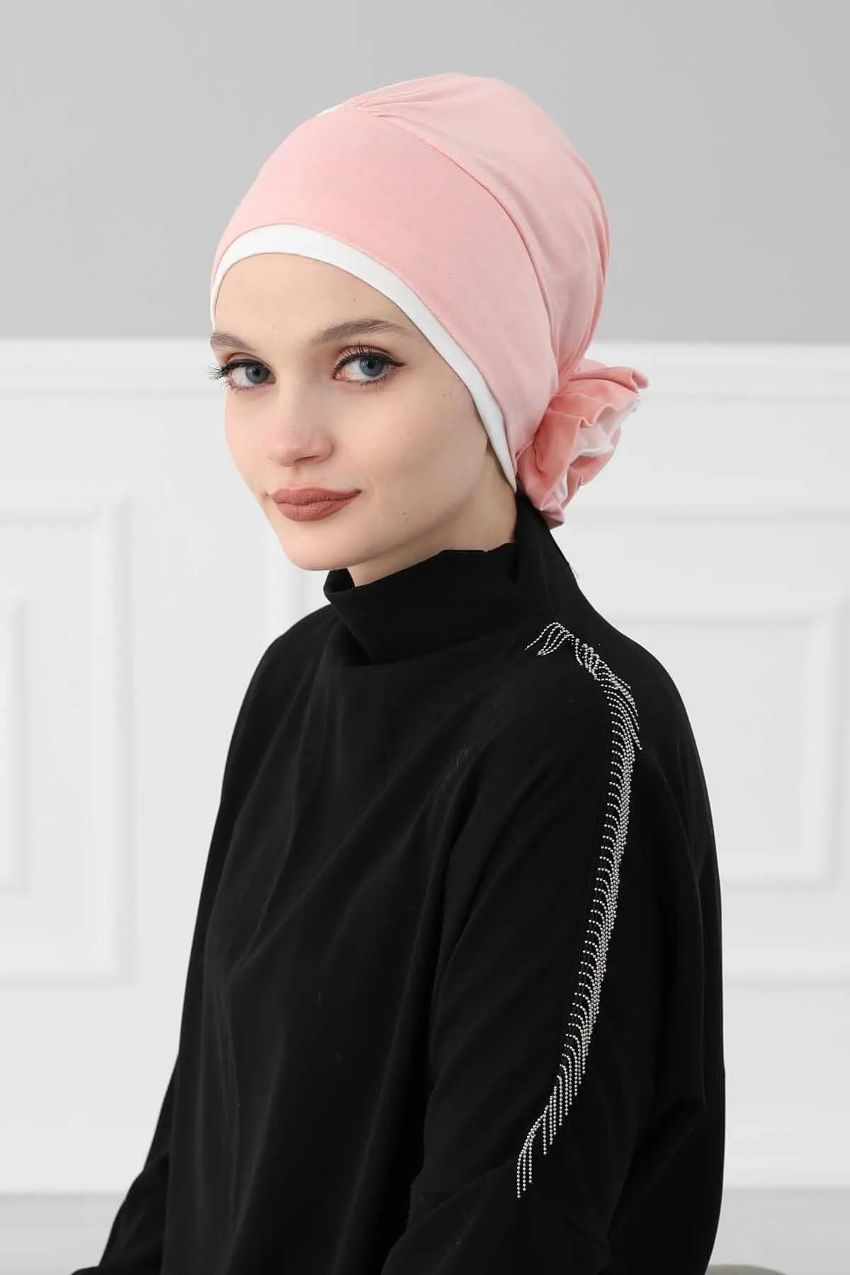 Floral Pre-Tied Instant Turban Fashionable Head Covering with Twin Colors, Soft Combed Cotton Easy Wear Hijab Headwrap with Rose Detail,B-28