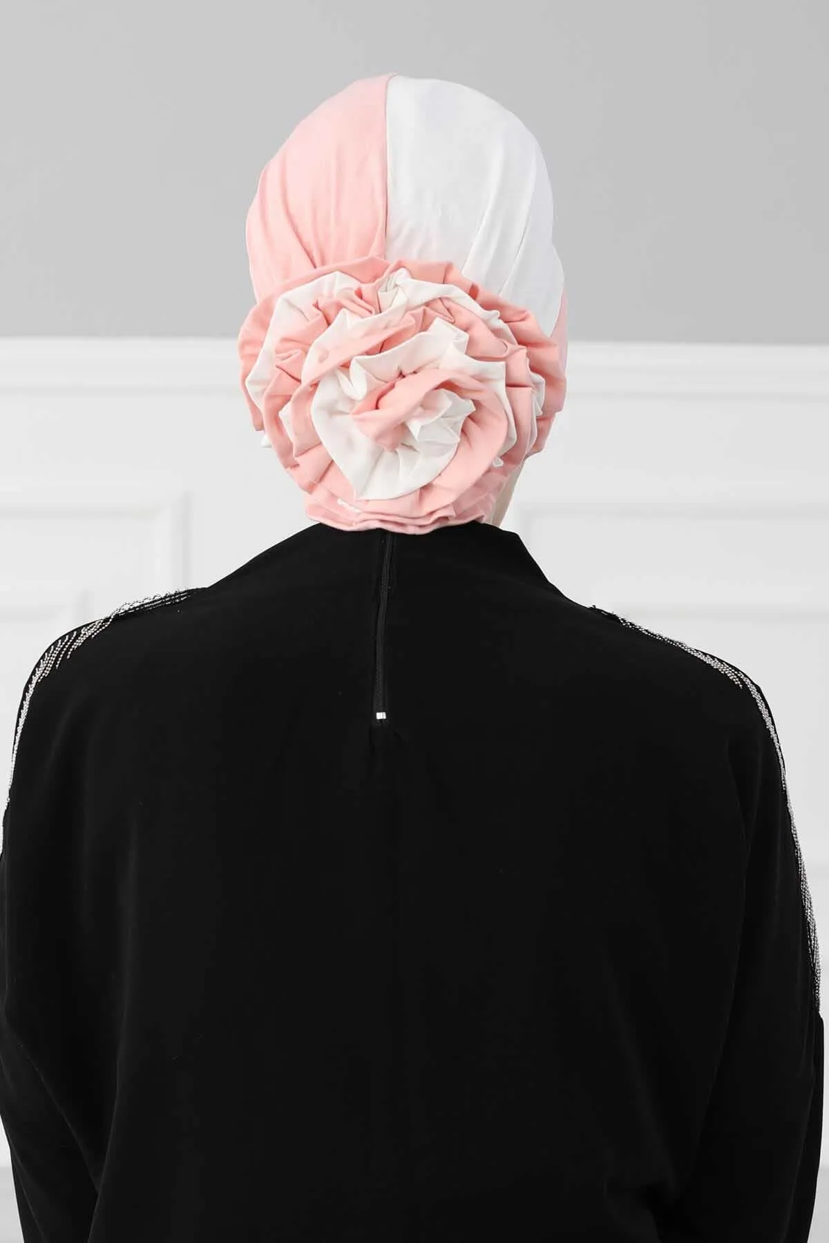 Floral Pre-Tied Instant Turban Fashionable Head Covering with Twin Colors, Soft Combed Cotton Easy Wear Hijab Headwrap with Rose Detail,B-28