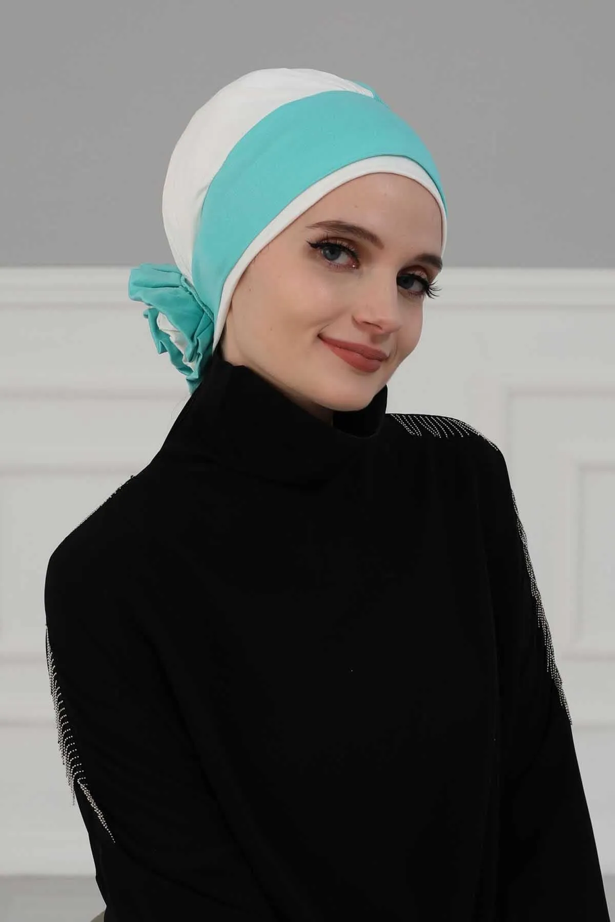 Floral Pre-Tied Instant Turban Fashionable Head Covering with Twin Colors, Soft Combed Cotton Easy Wear Hijab Headwrap with Rose Detail,B-28